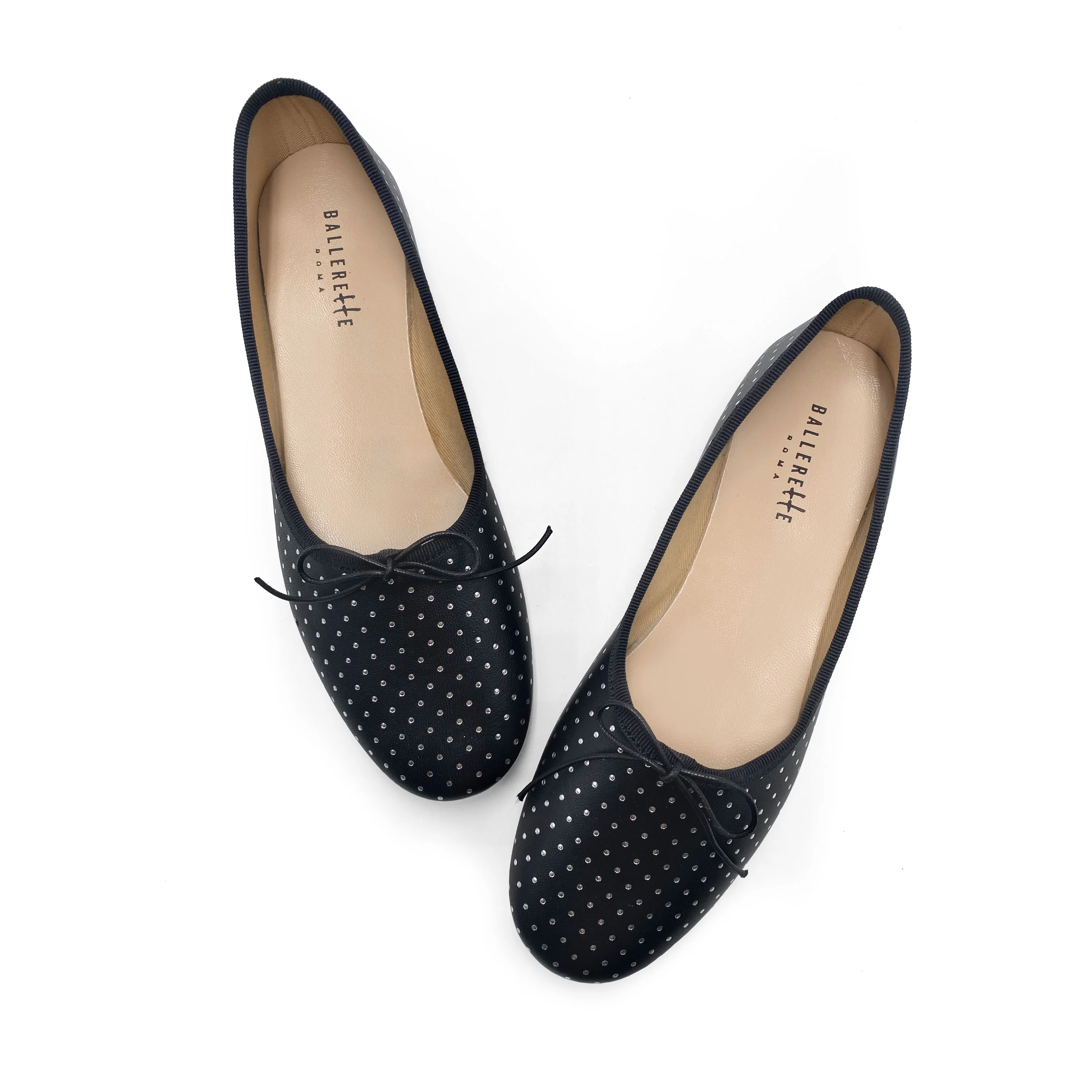 Ballerine accollate nere in pelle con micro pois argento - Image 2