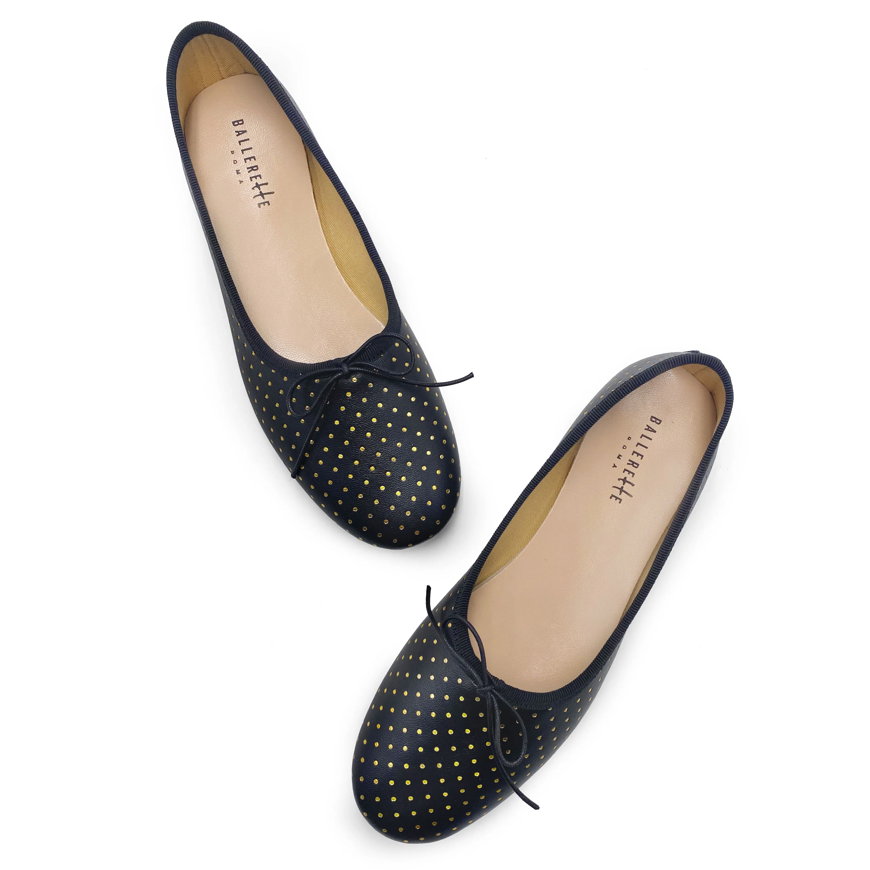 Ballerine accollate nere in pelle con micro pois oro - Image 2