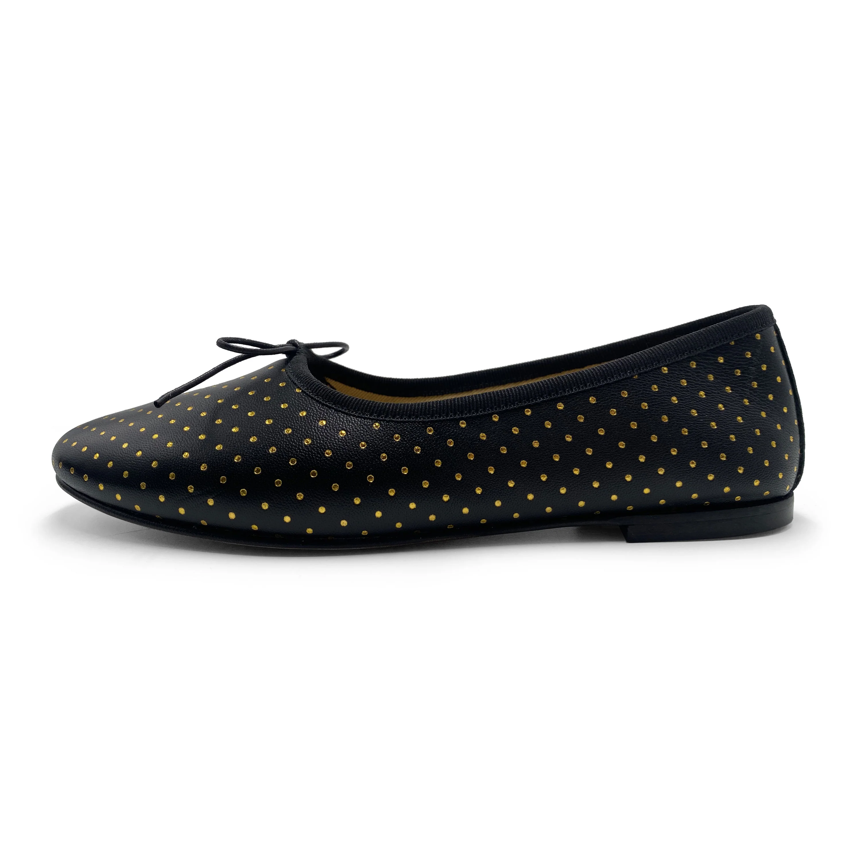Ballerine accollate nere in pelle con micro pois oro - Image 3
