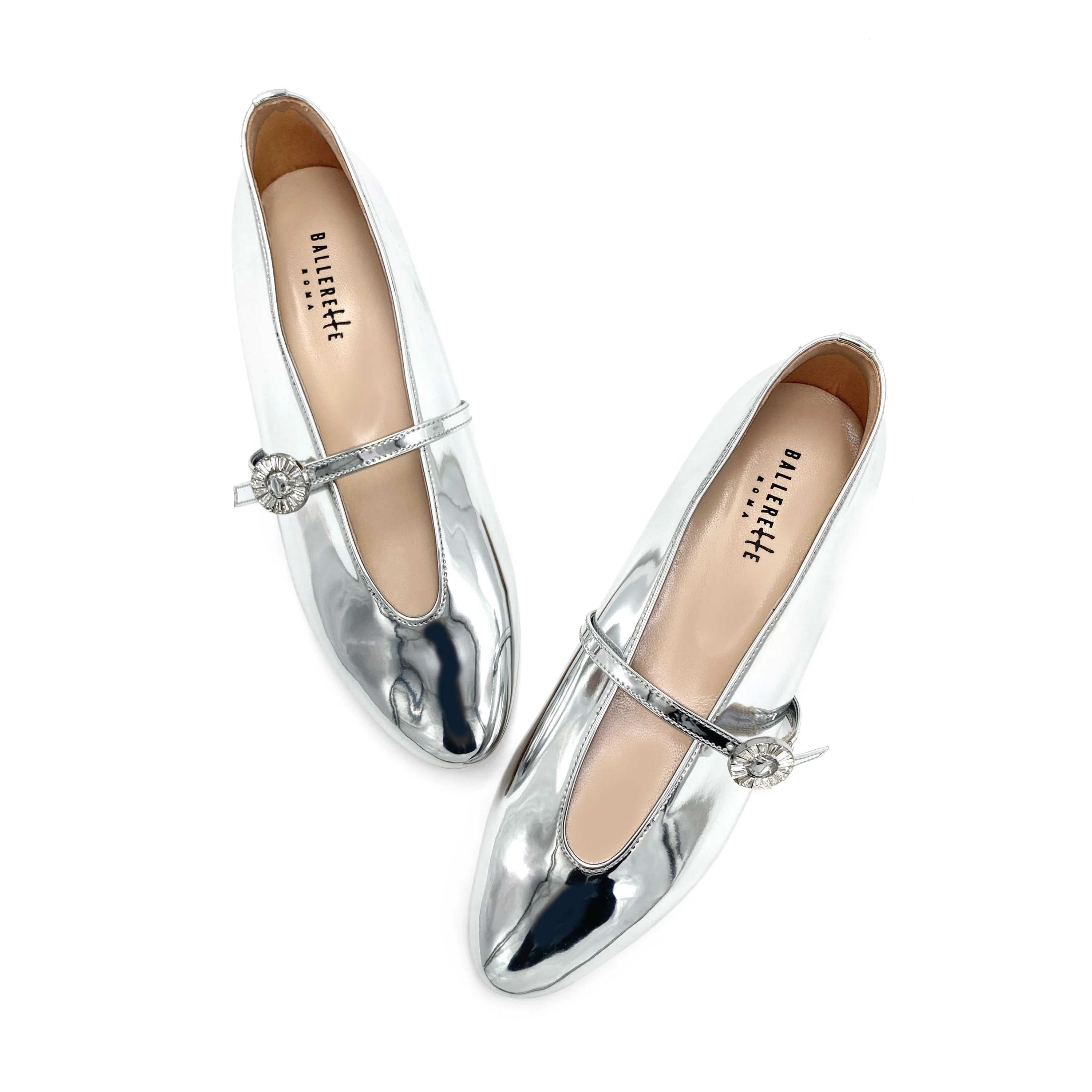 Ballerine argento specchiato con scollo a V e cinturino gioiello - Image 2