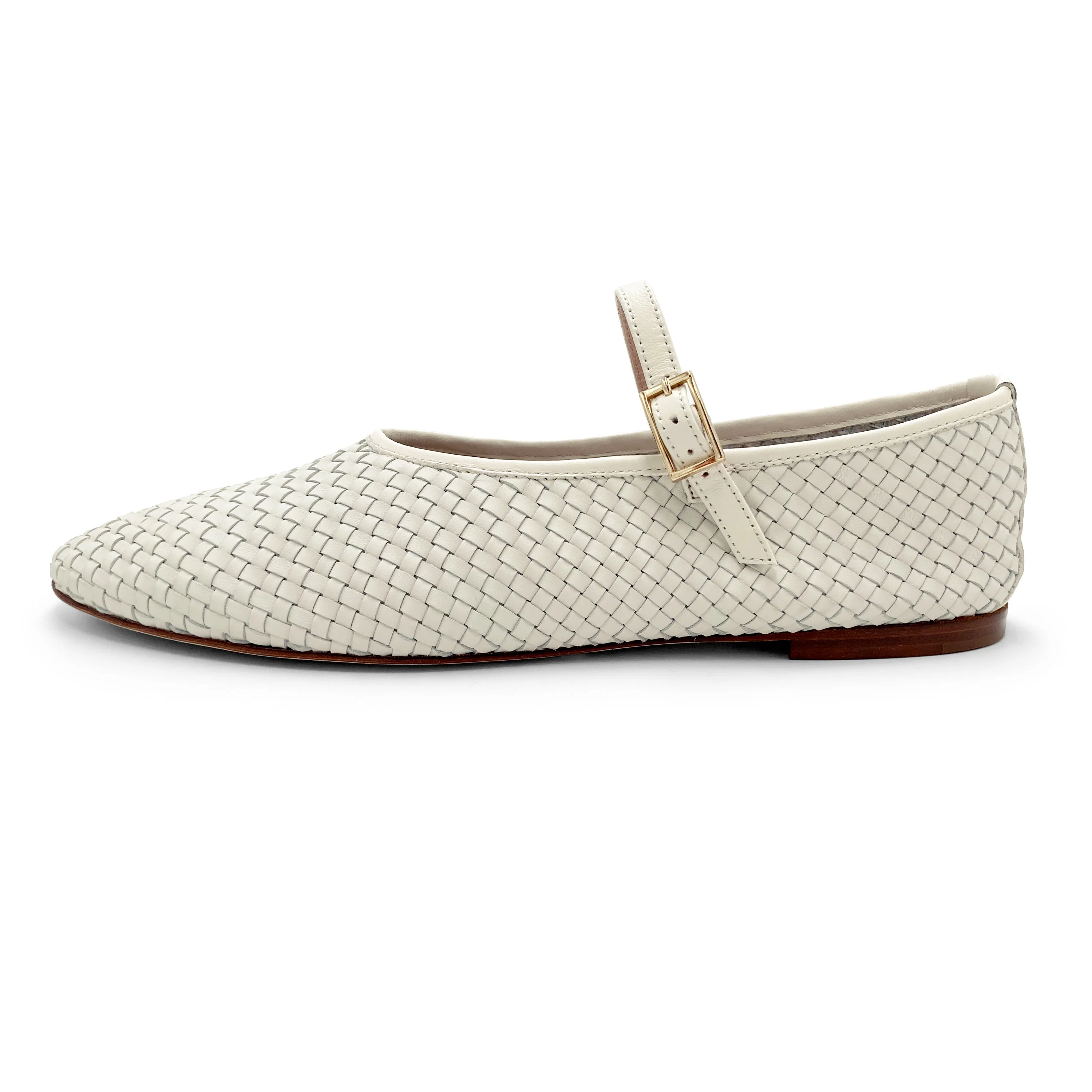 Ballerine bianche accollate in pelle intrecciata a mano e cinturino - Image 4