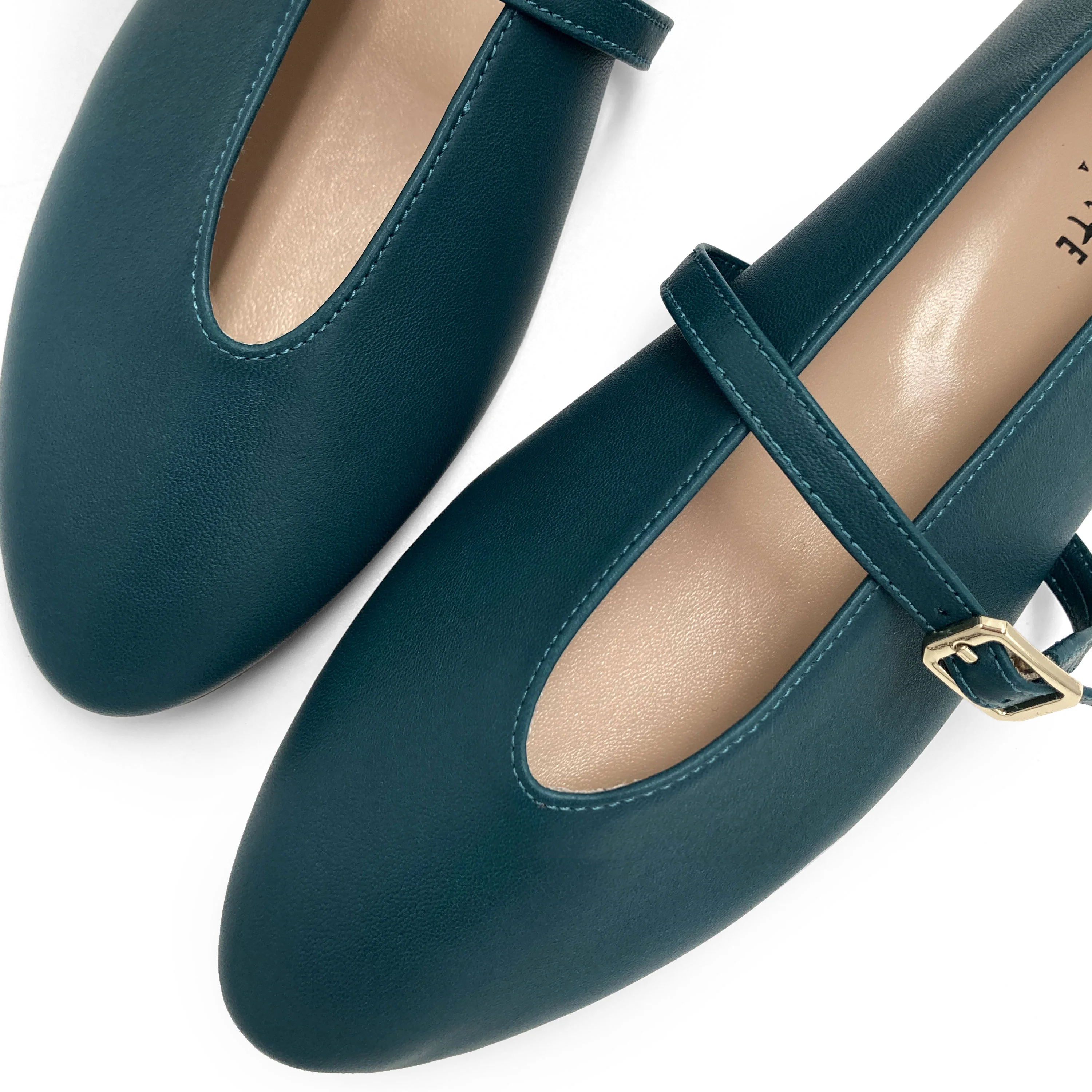 Ballerine blu petrolio in pelle con scollo a V e cinturino - Image 3