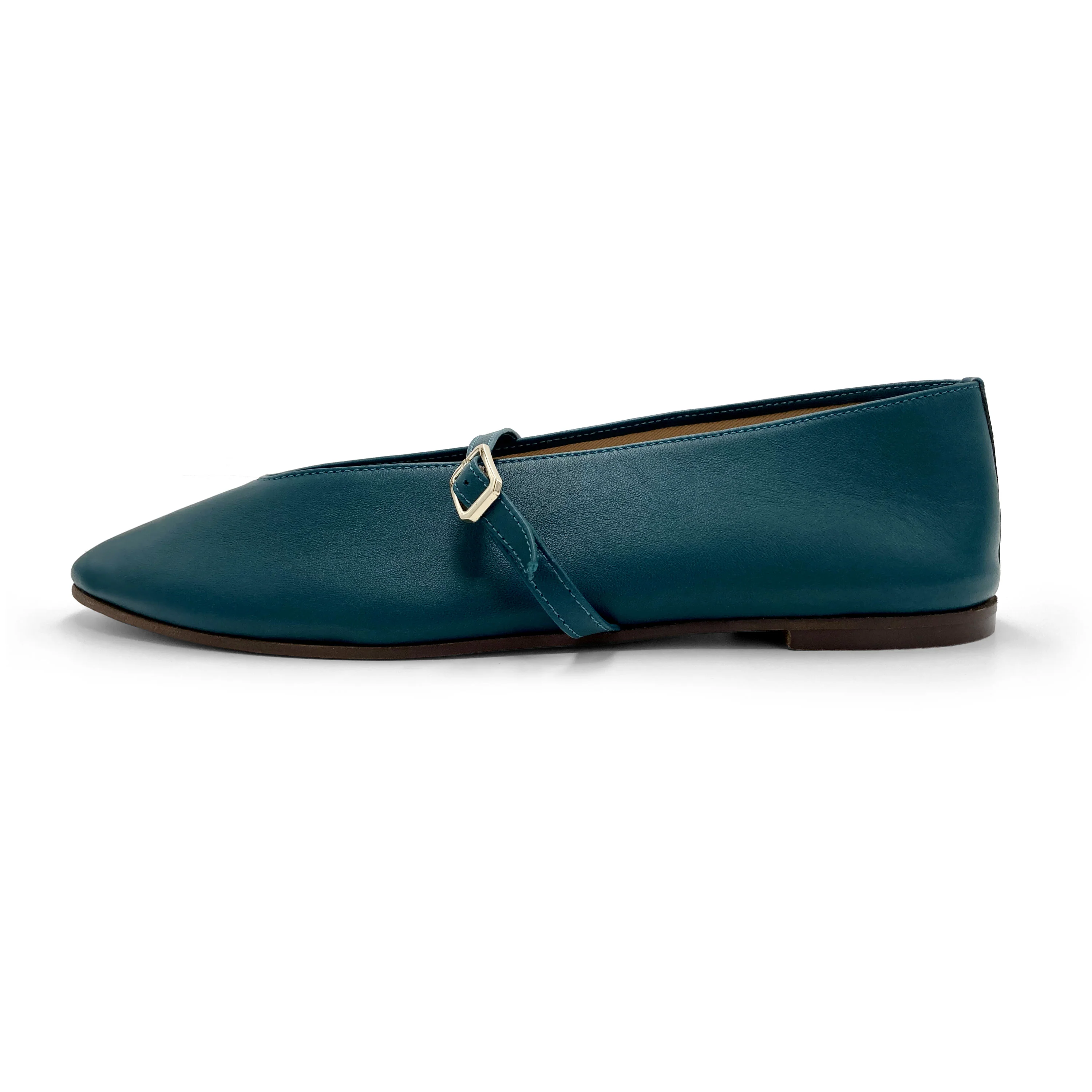 Ballerine blu petrolio in pelle con scollo a V e cinturino - Image 4