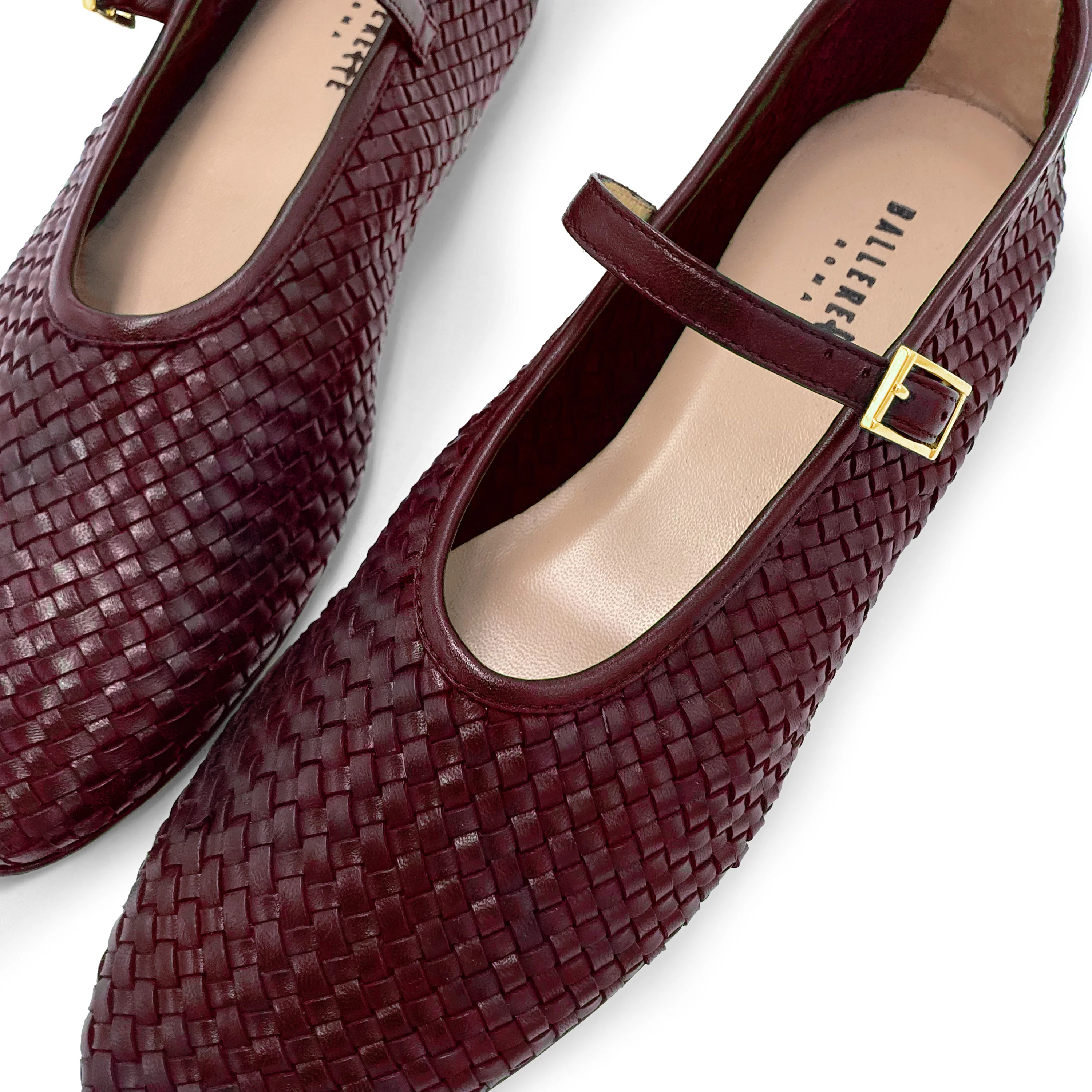 Ballerine bordeaux accollate in pelle intrecciata a mano e cinturino - Image 3