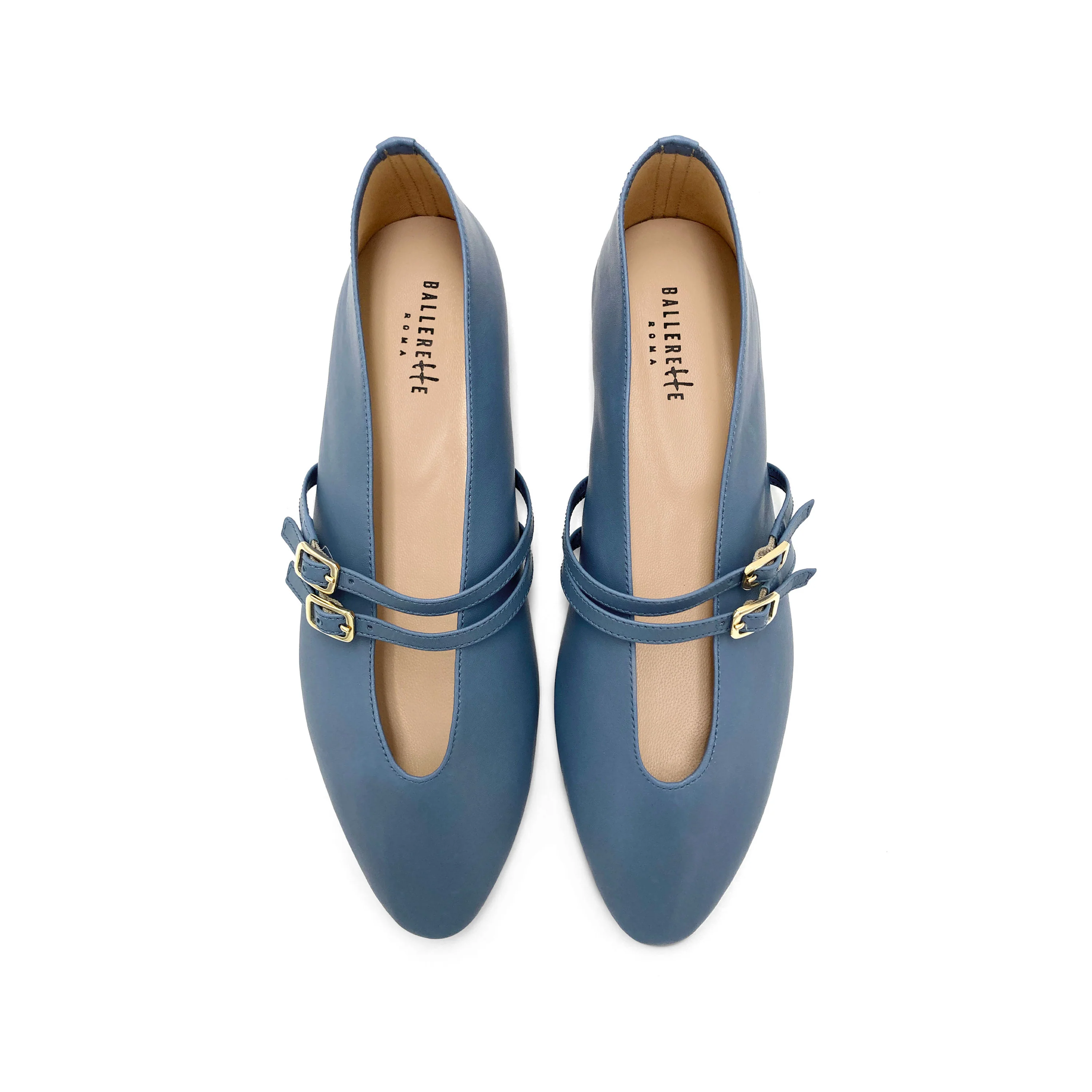 Ballerine ceruleo in pelle con scollo a V e cinturini