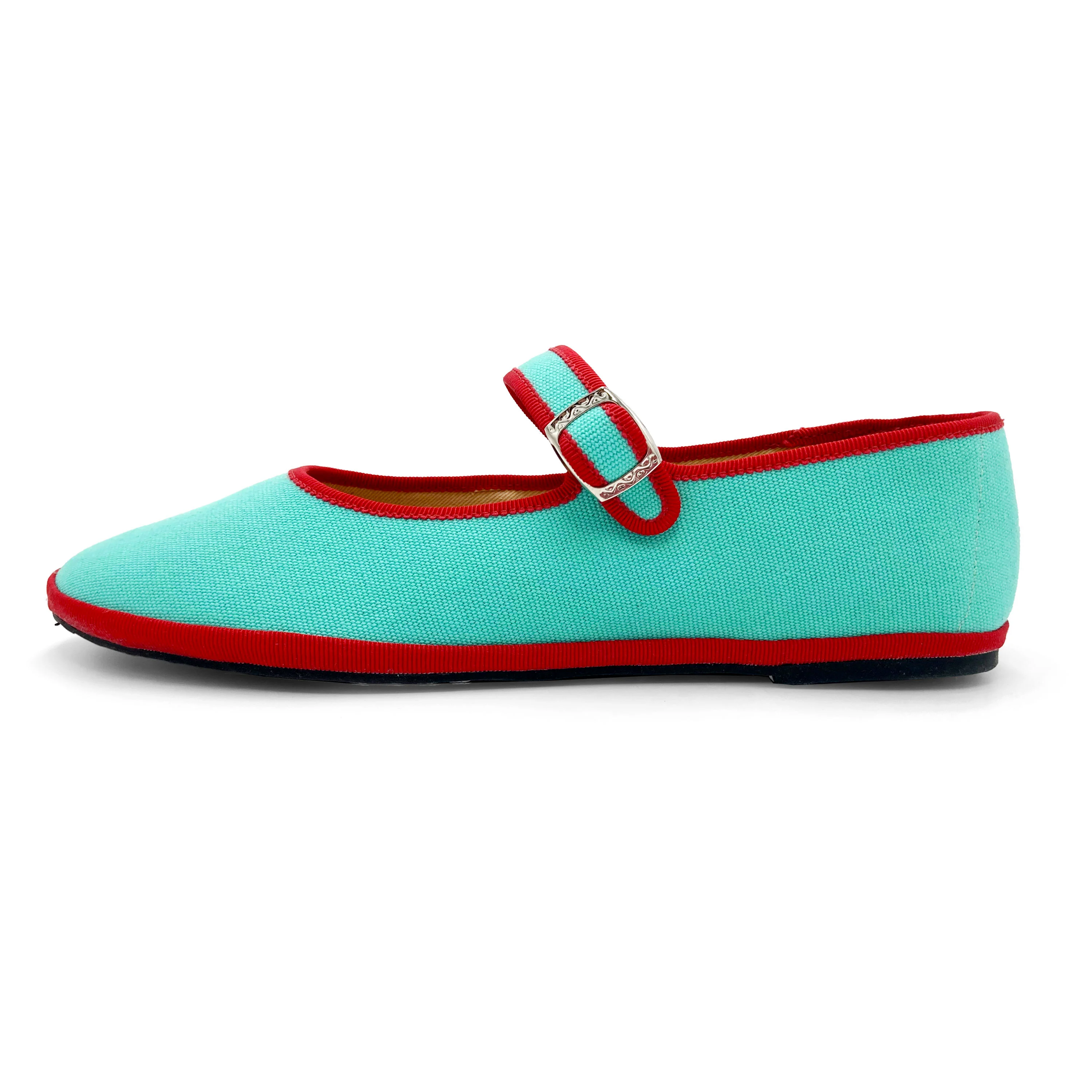 Ballerine friulane Mary Jane in cotone azzurro acqua e dettagli rossi - Image 4