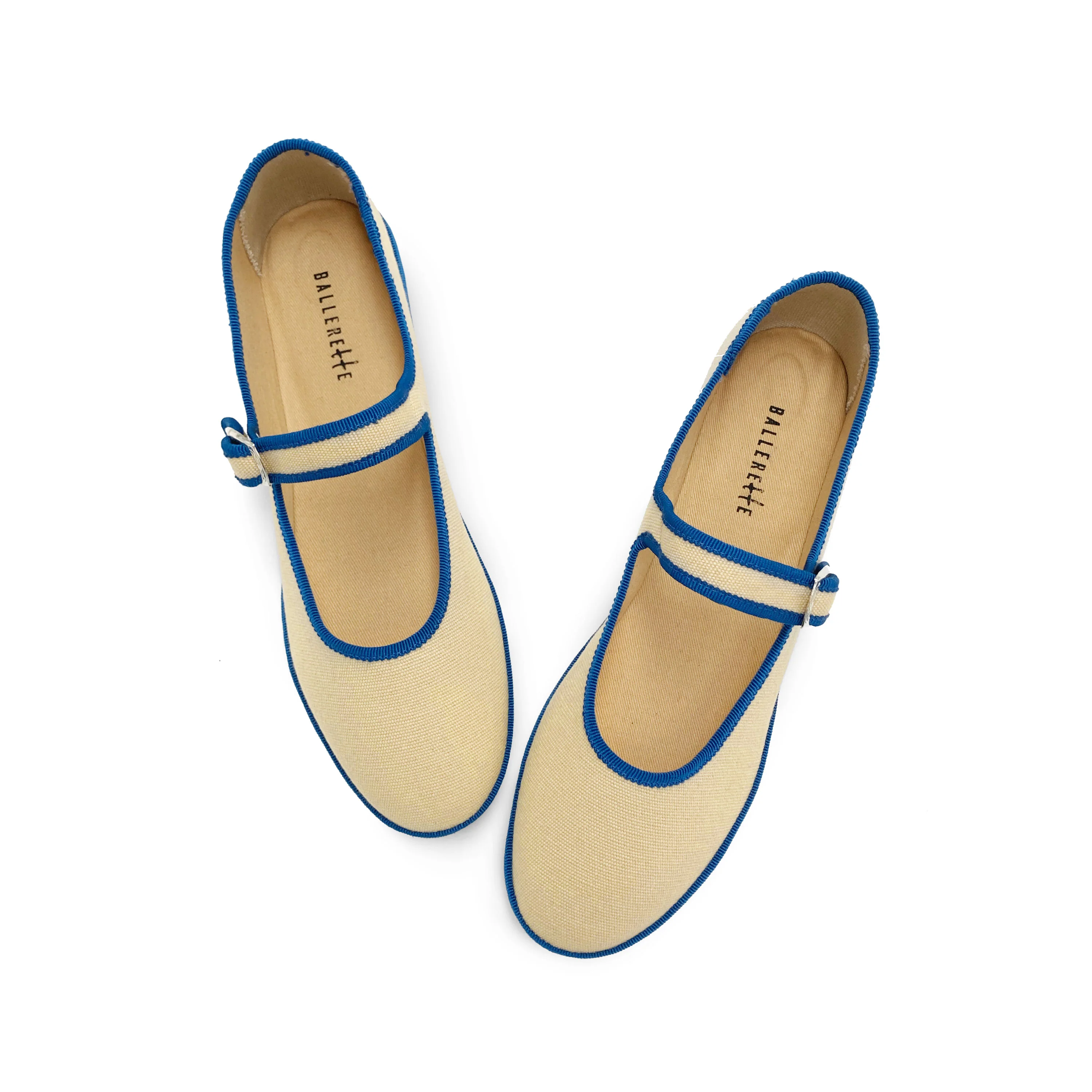 Ballerine friulane Mary Jane in cotone beige e dettagli blu - Image 2