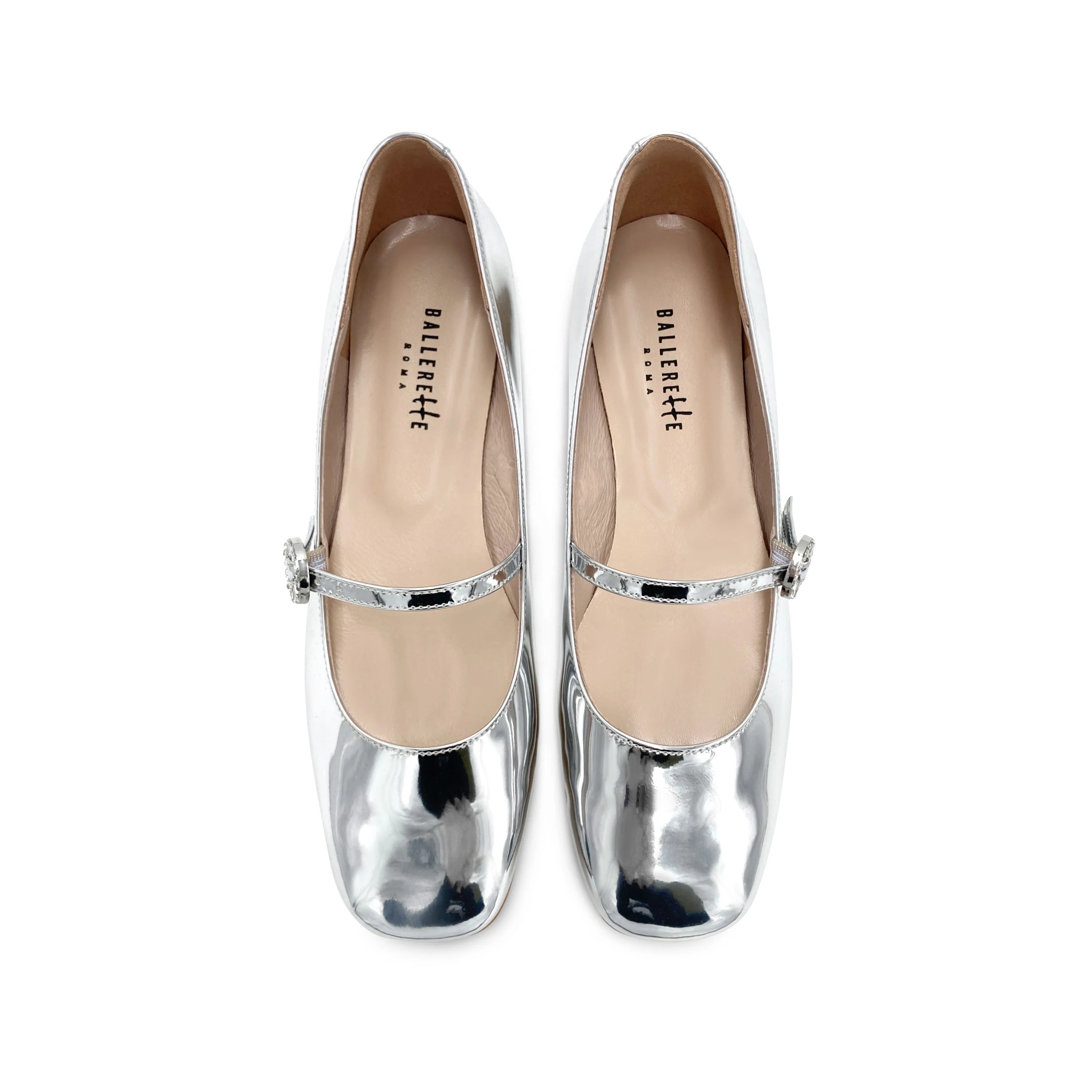 Ballerine Mary Jane argento specchiate con cinturino gioiello