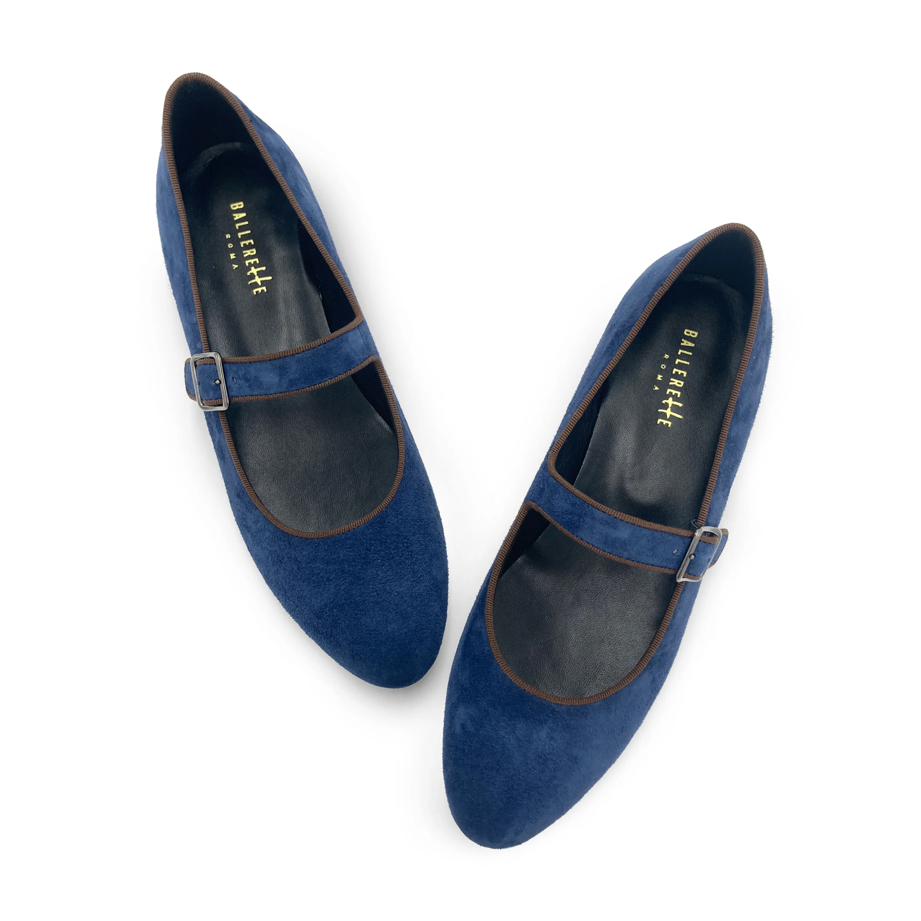 Ballerine Mary Jane blu e marrone in camoscio con cinturino - Image 2