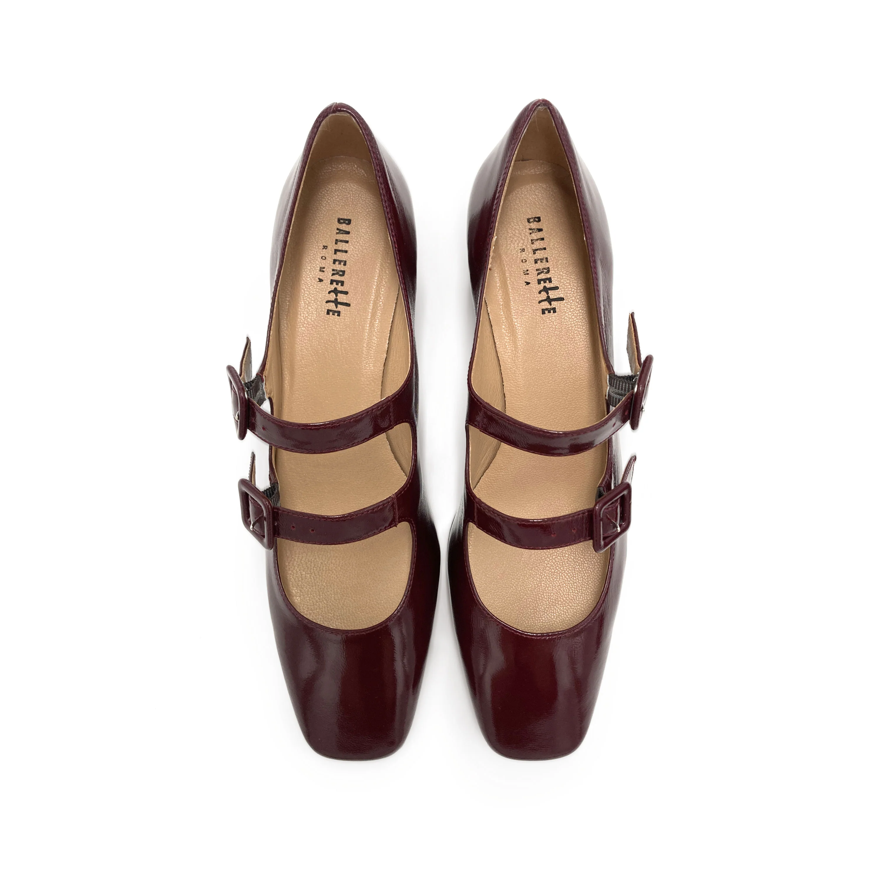 Ballerine Mary Jane bordeaux lucide con tacco e punta quadrata - Image 2