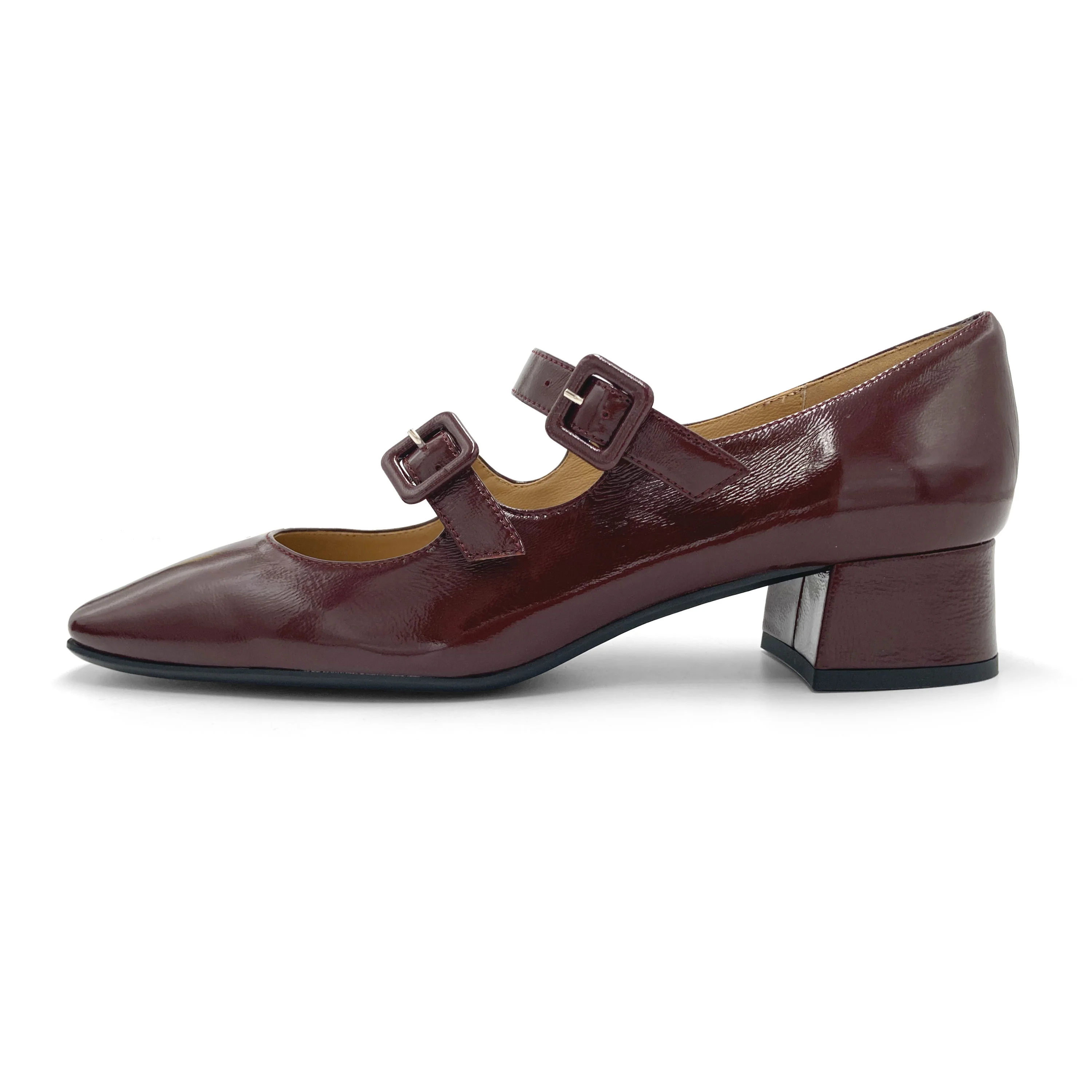 Ballerine Mary Jane bordeaux lucide con tacco e punta quadrata - Image 4