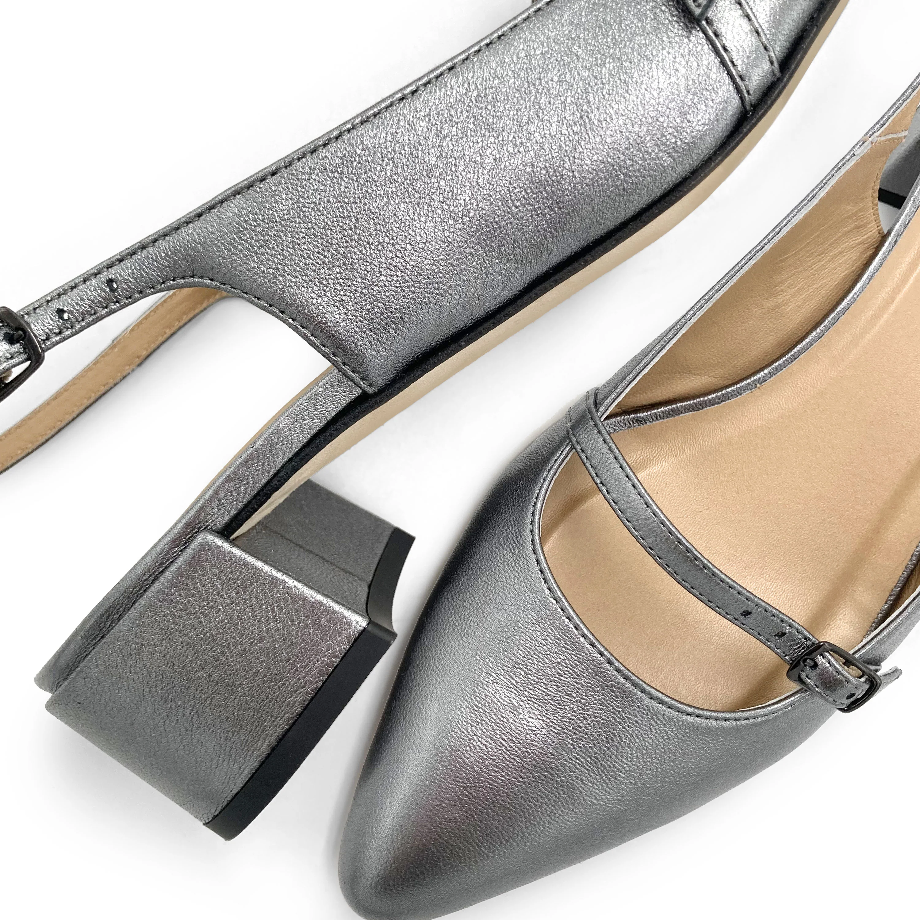 Ballerine Mary Jane slingback argento in pelle con tacco - Image 3