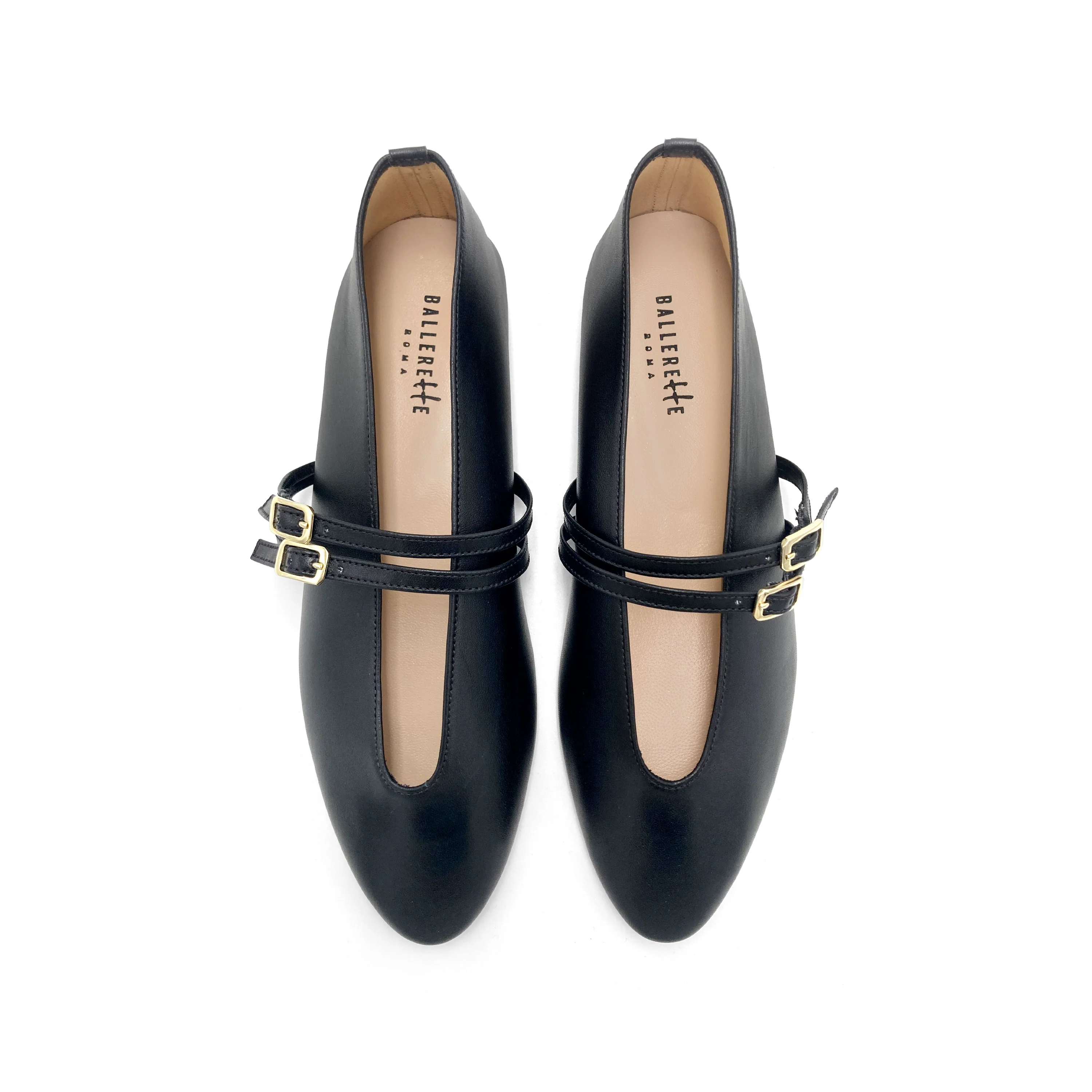 Ballerine nere in pelle con scollo a V e cinturini