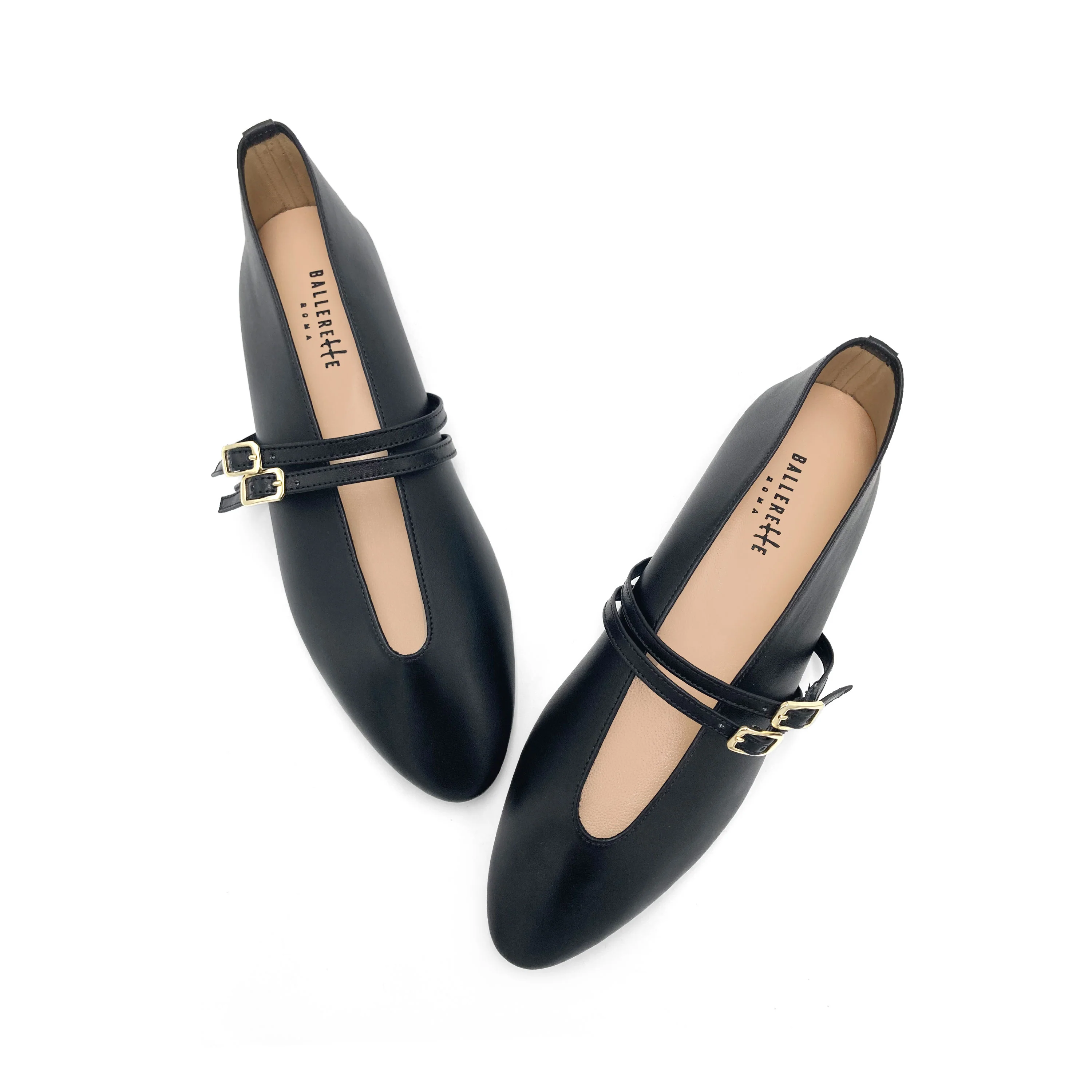 Ballerine nere in pelle con scollo a V e cinturini - Image 2