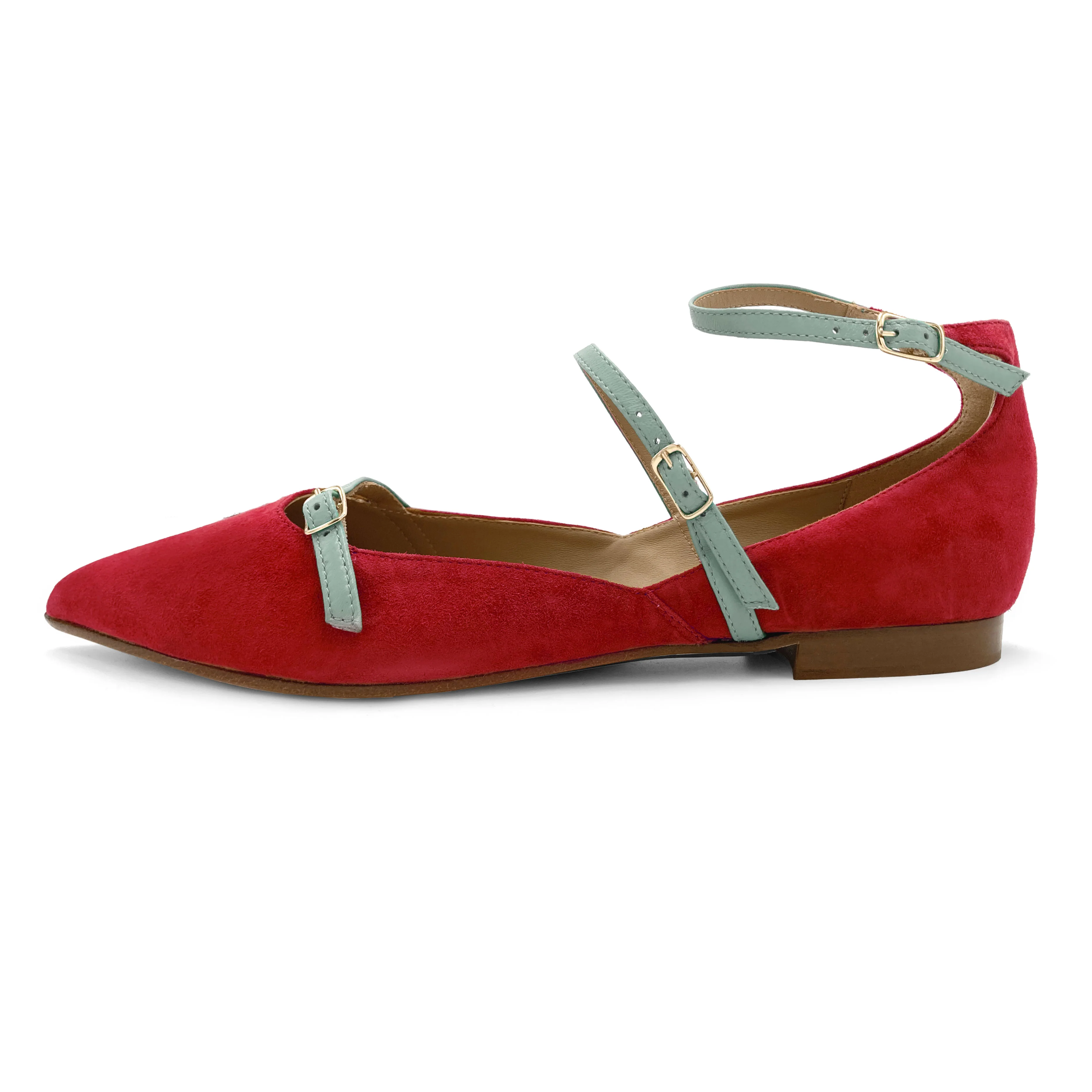 Ballerine rosse in camoscio con cinturini turchesi - Image 3