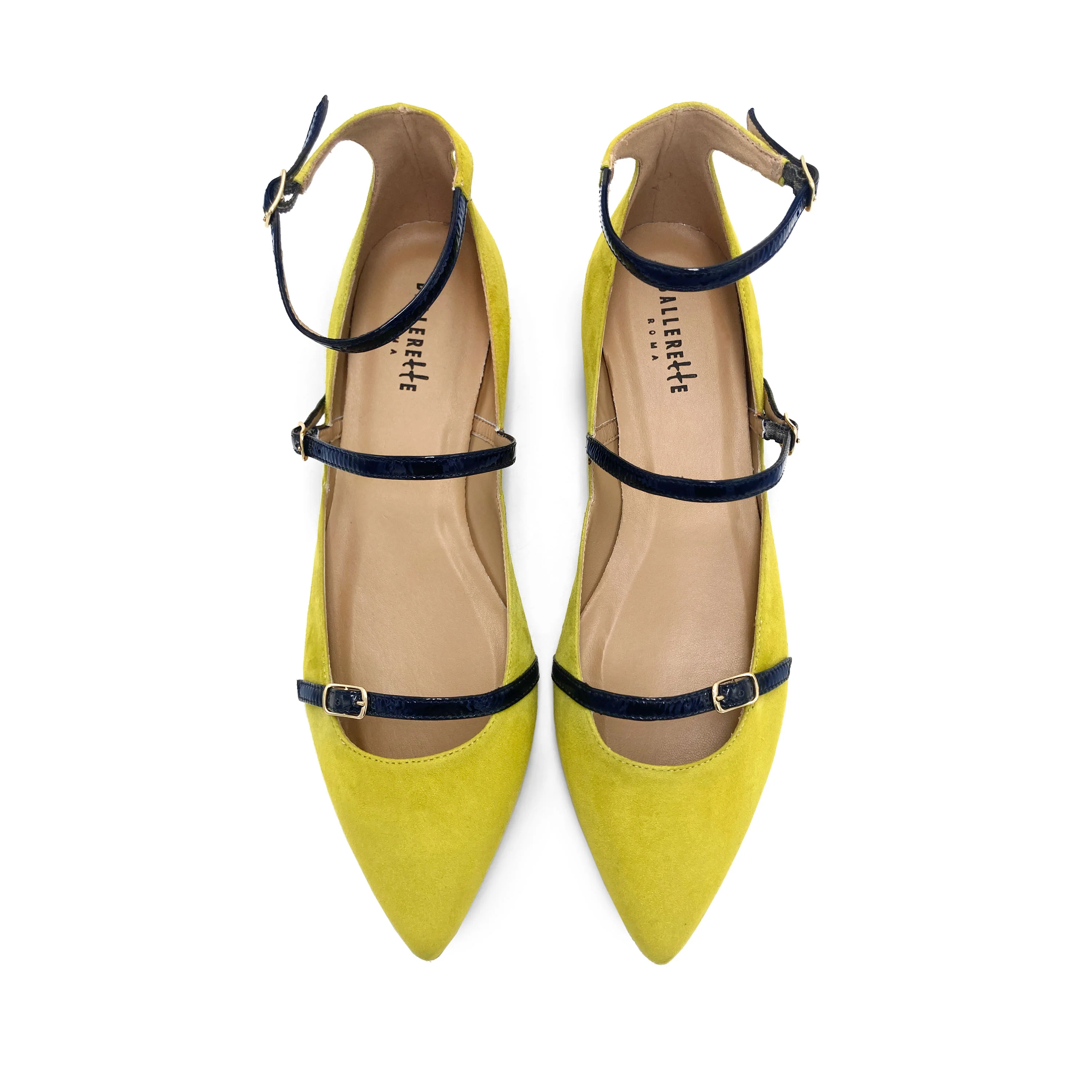 Ballerine verdi in camoscio con cinturini blu