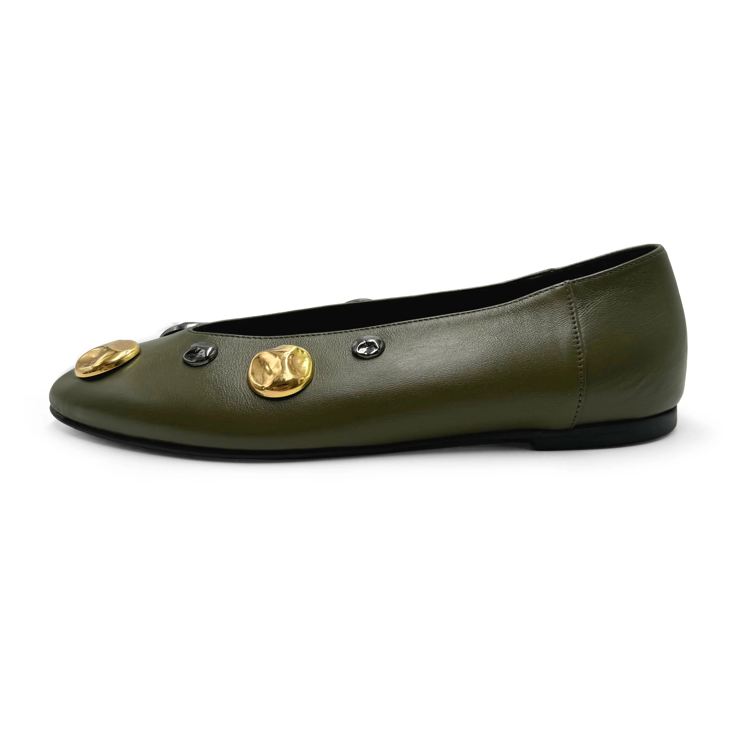 Ballerine verdi in pelle con scollo a V e borchie ferro e oro - Image 3