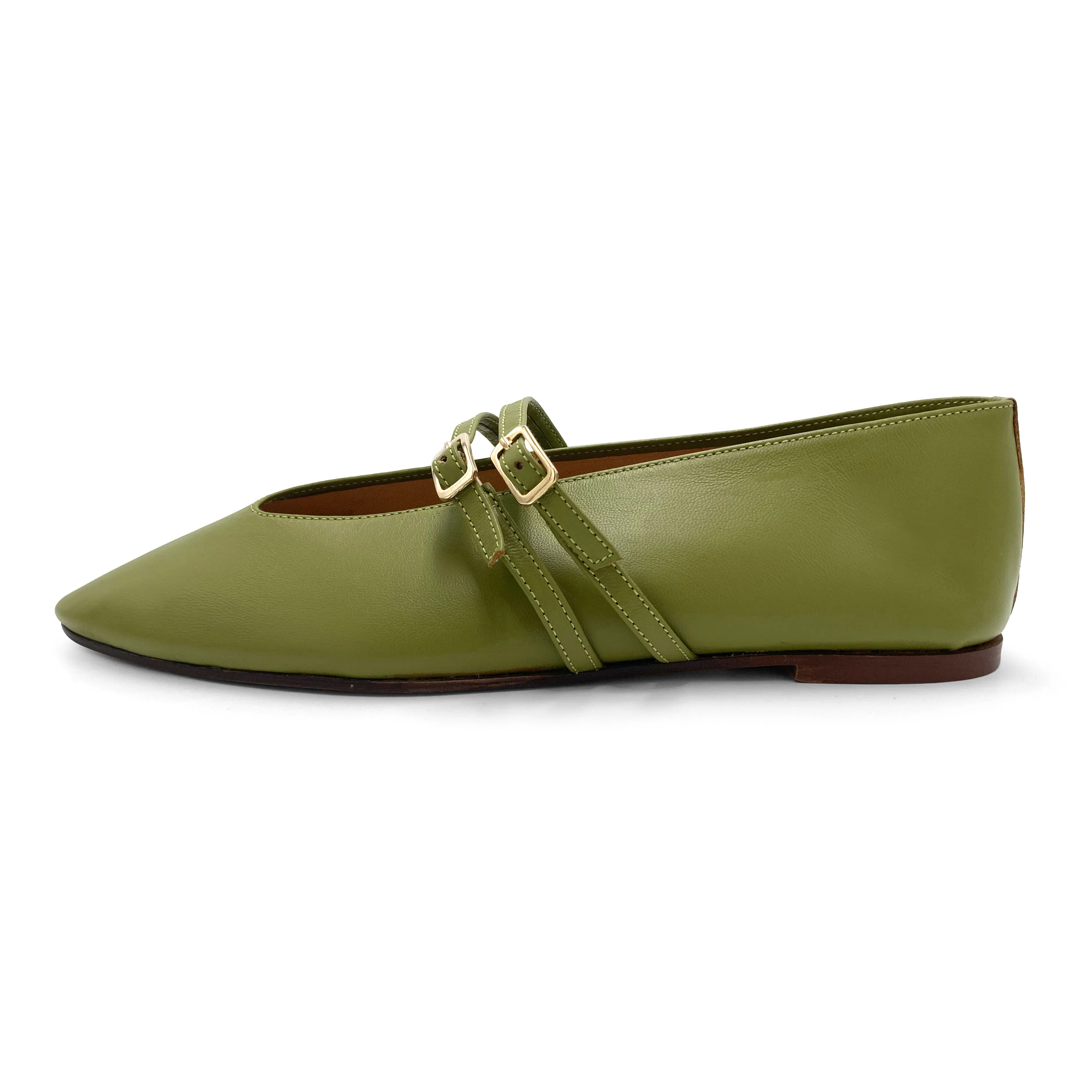Ballerine verdi oliva in pelle con scollo a V e cinturini - Image 4