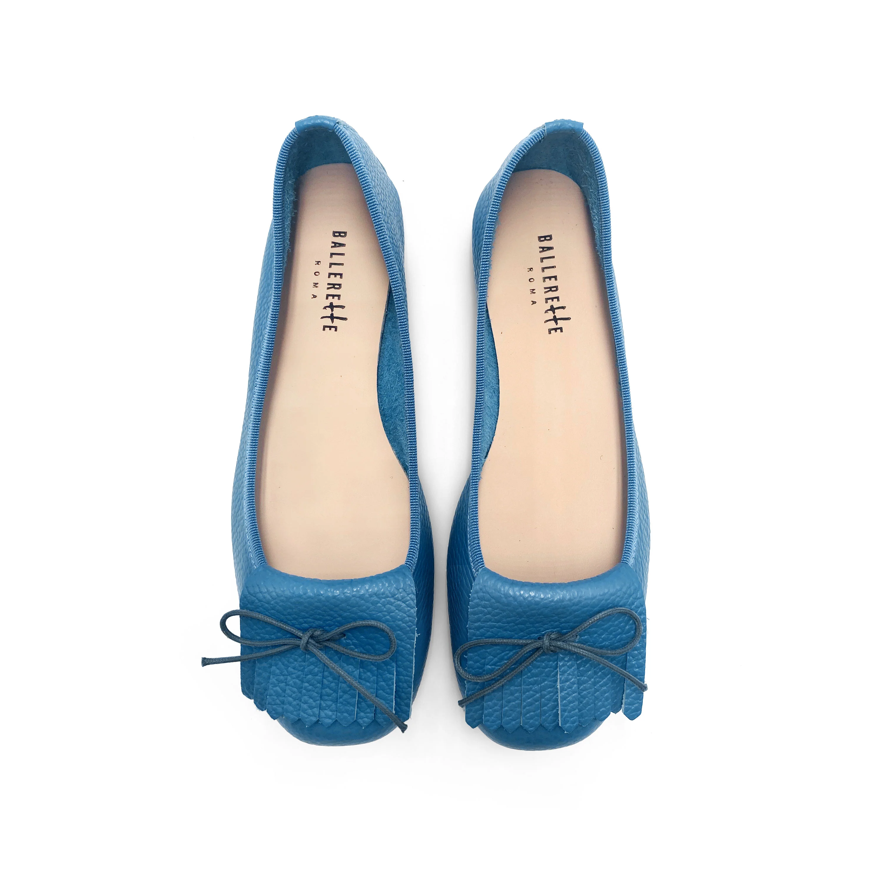 Mocassini da donna in pelle blu ceruleo con frangia
