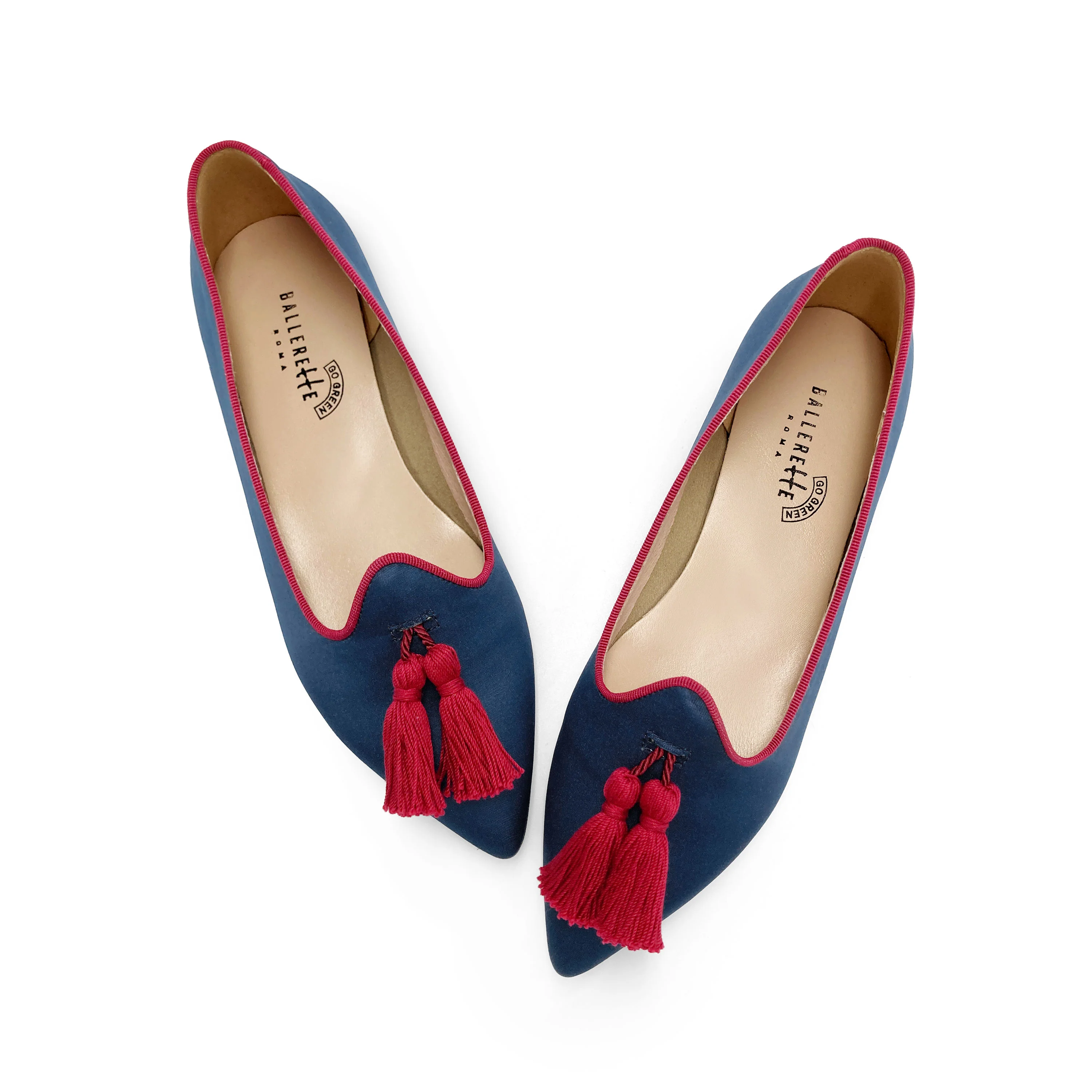 TT Go Green Collection - Mocassini donna blu in raso eco e nappine bordeaux - Image 2