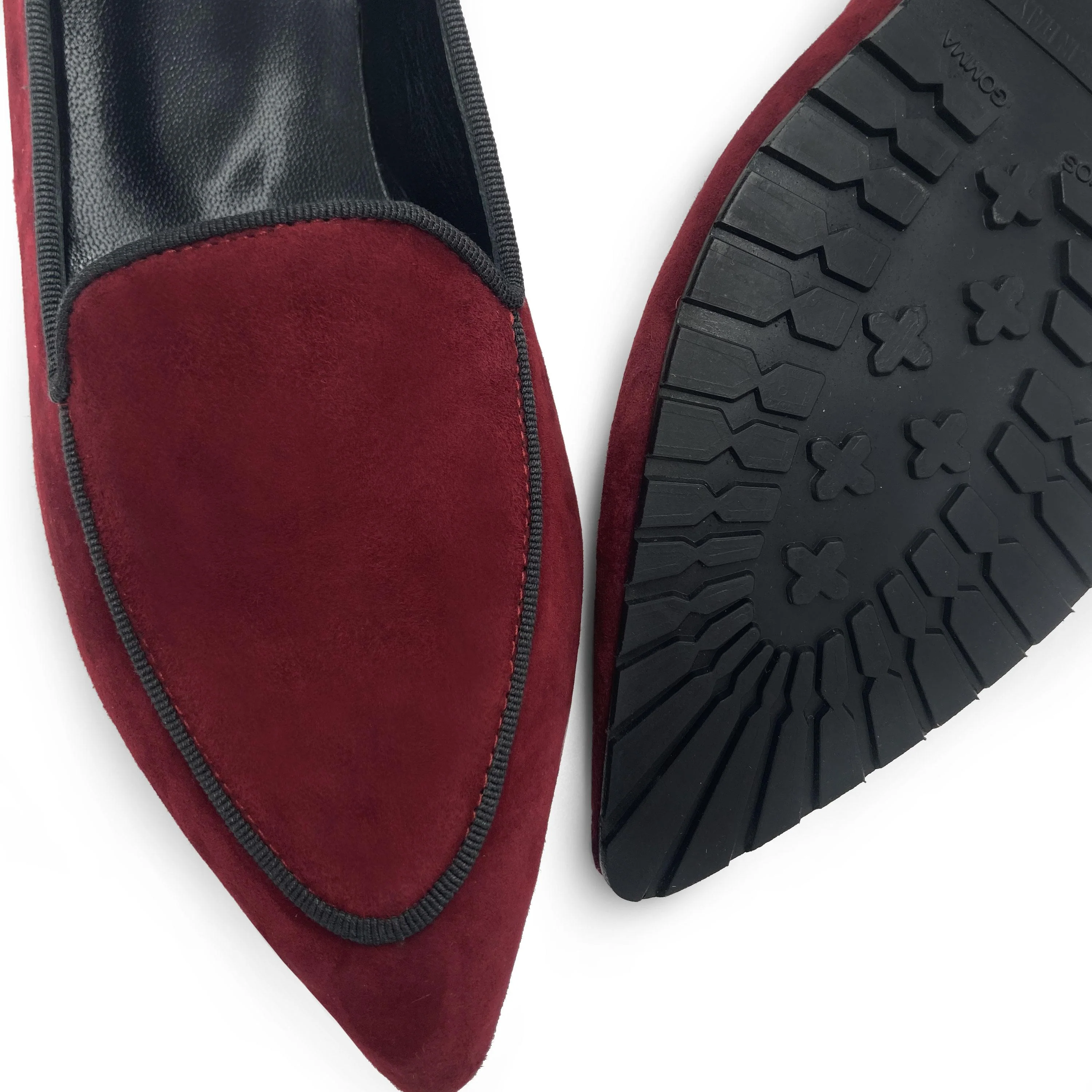 Mocassini donna in camoscio bordeaux con bordino grigio - Image 3