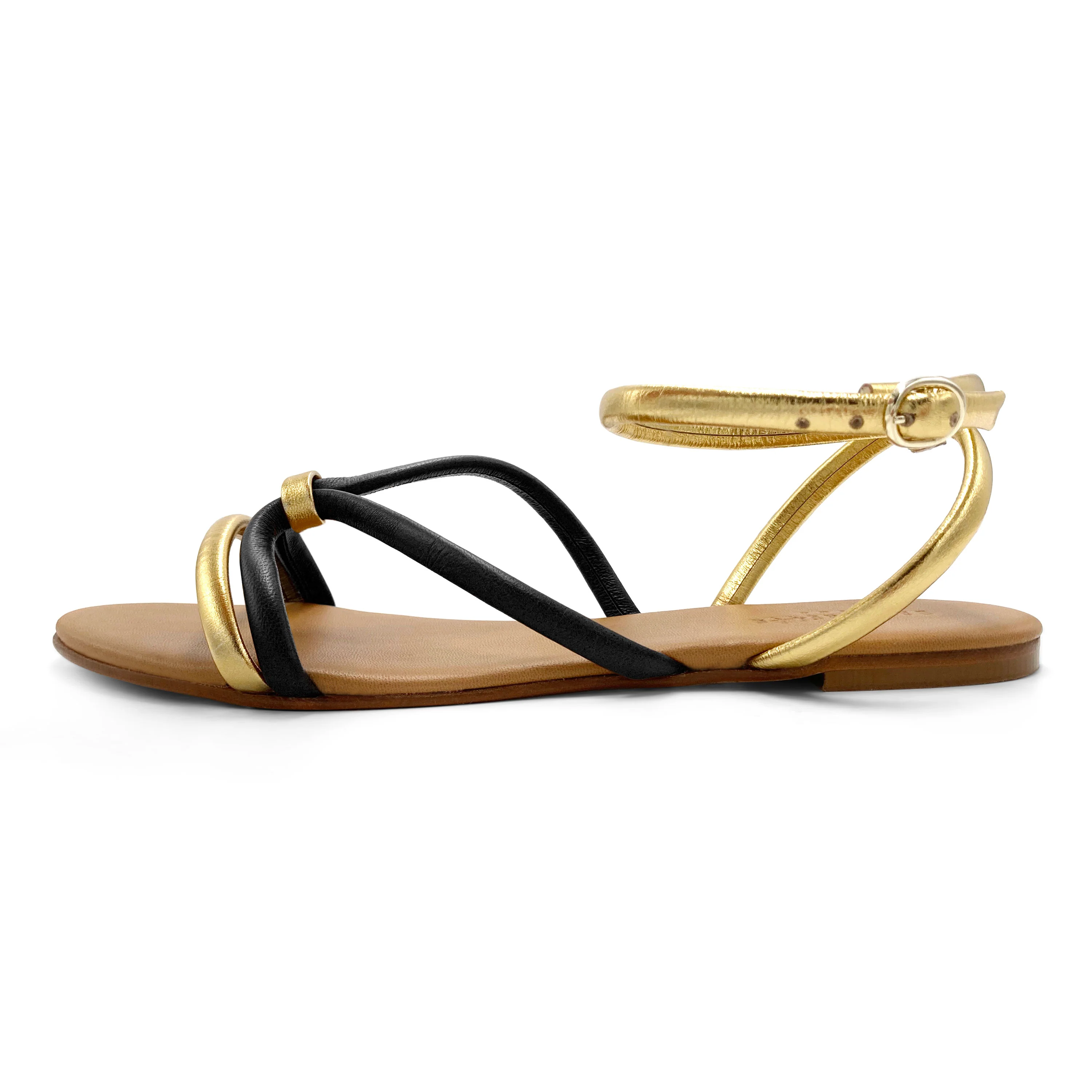 Sandali bassi intrecciati in pelle neri e oro - Image 4