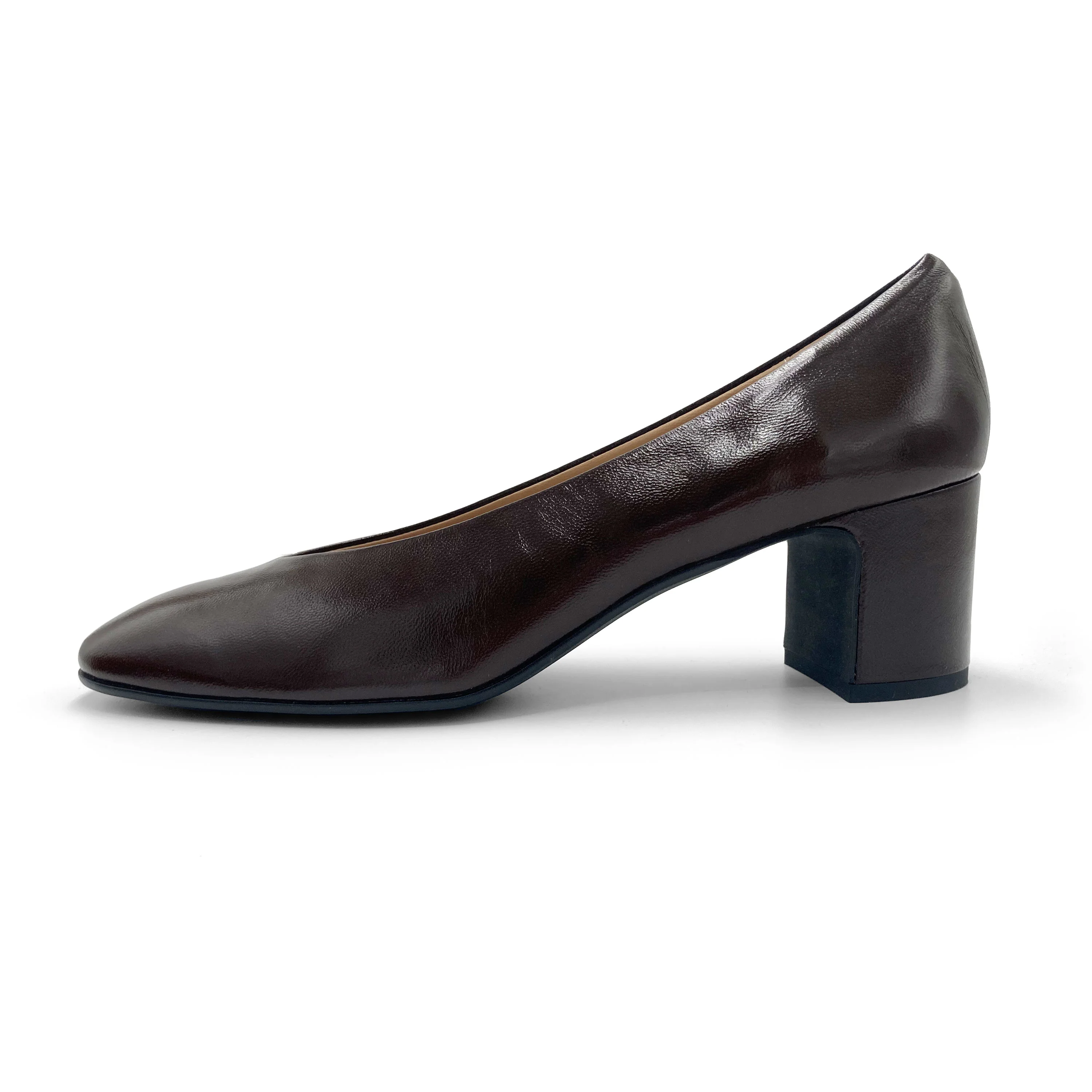 Scarpe ballerine marroni in vernice con punta quadrata e tacco alto comodo - Image 4