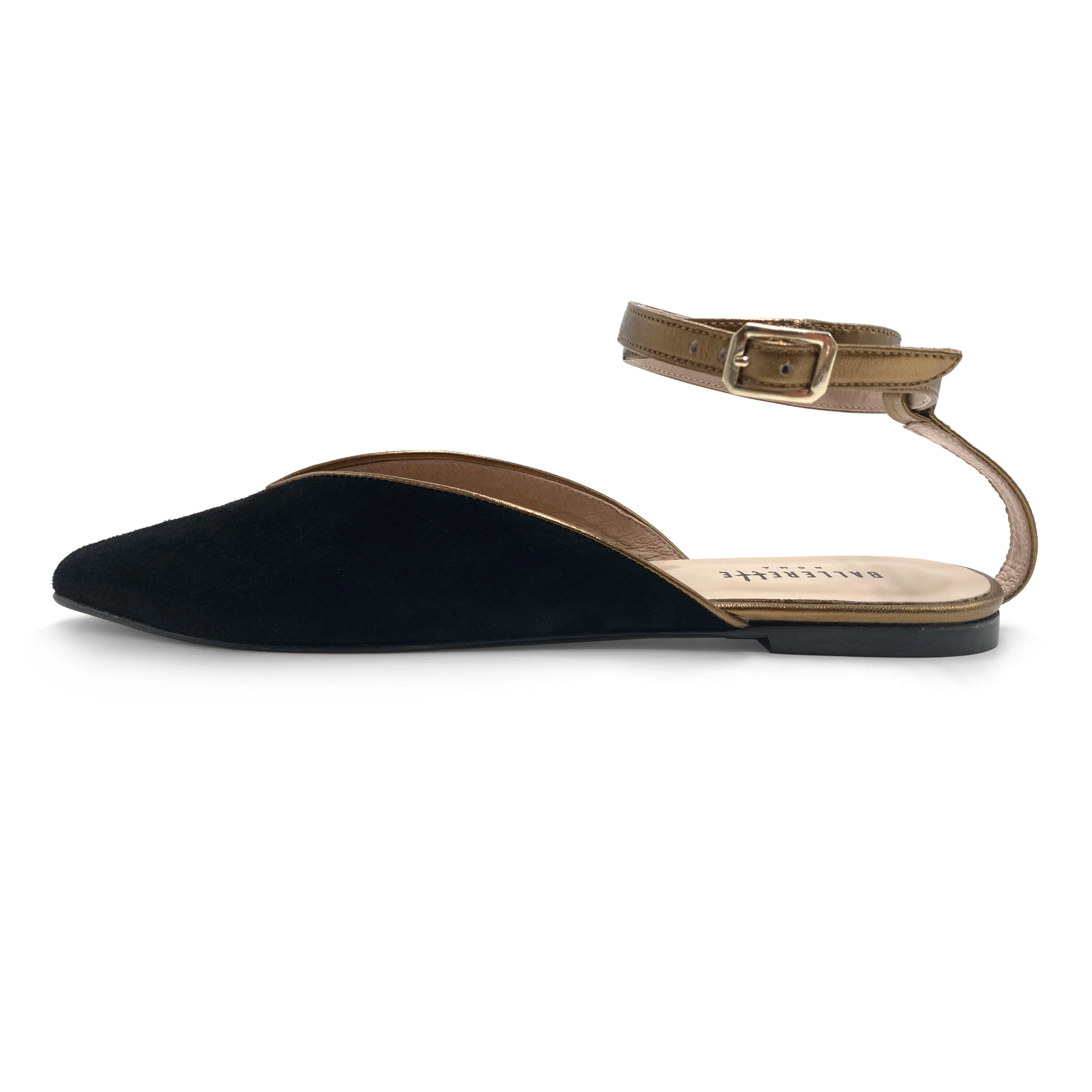 Scarpe mule estive in camoscio nero con laccio bronzo alla caviglia - Image 3