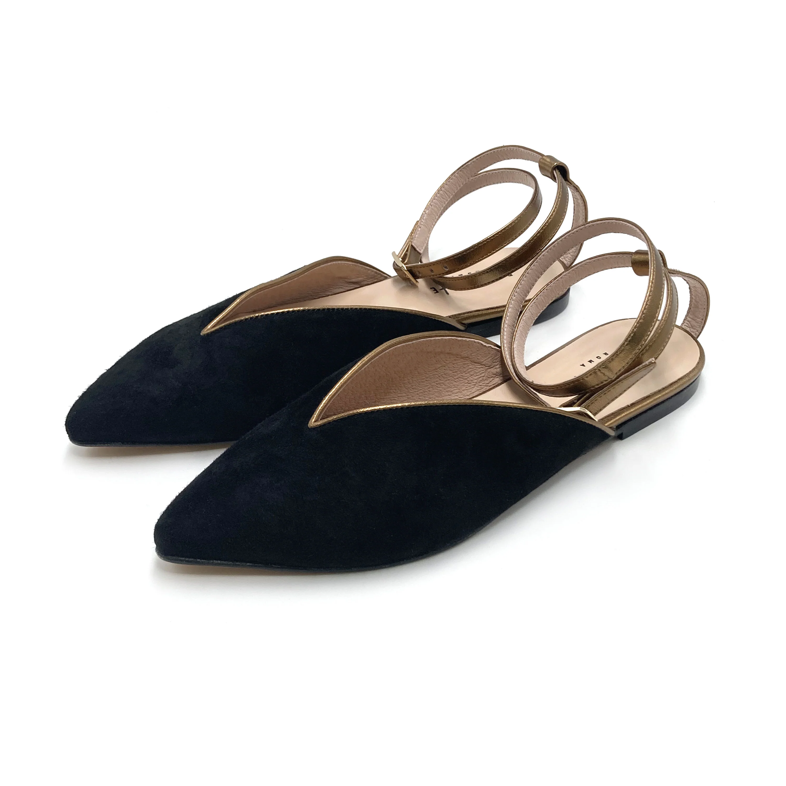 Scarpe mule estive in camoscio nero con laccio bronzo alla caviglia - Image 4