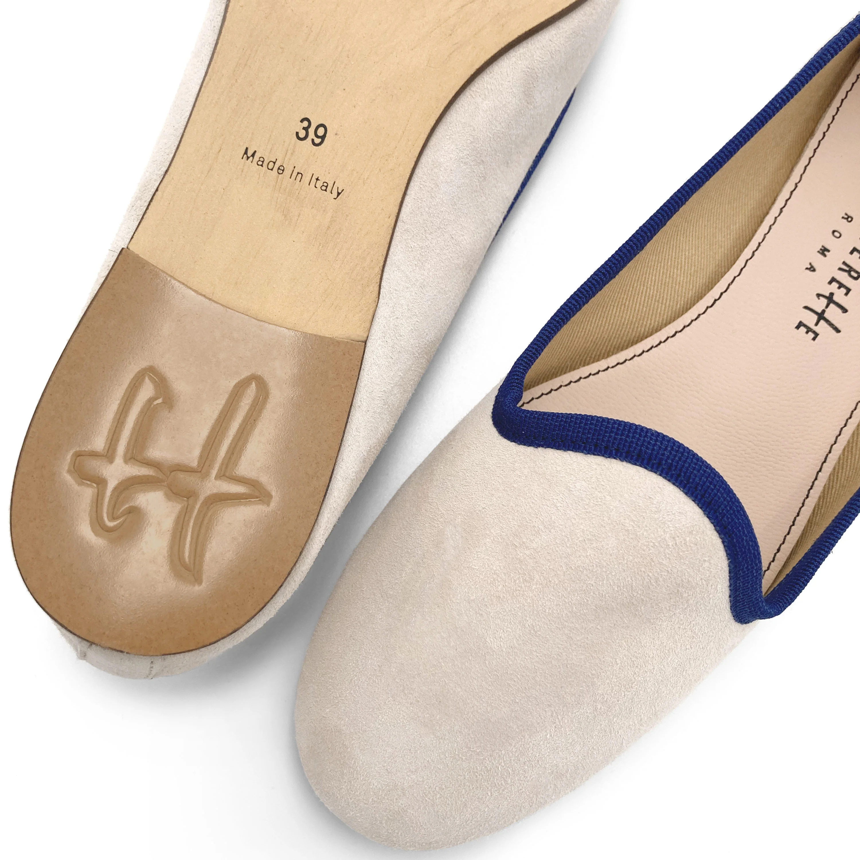 Slippers donna in camoscio beige e dettagli blu - Image 5