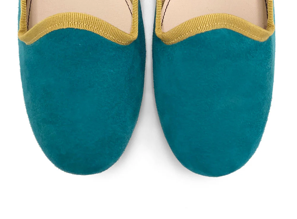 Slippers donna in camoscio blu petrolio e dettagli senape - Image 5