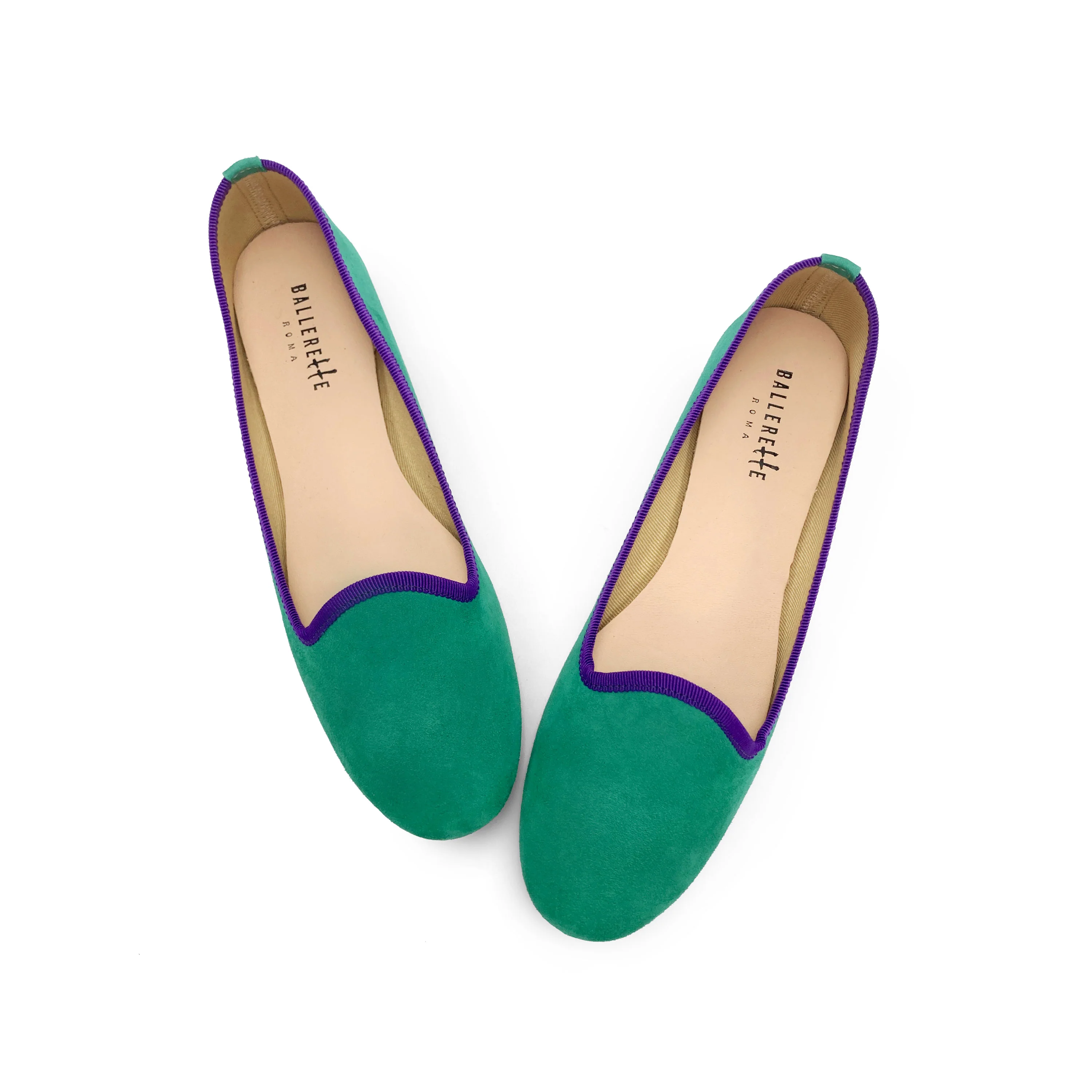 Slippers donna in camoscio verde smeraldo e dettagli viola - Image 2
