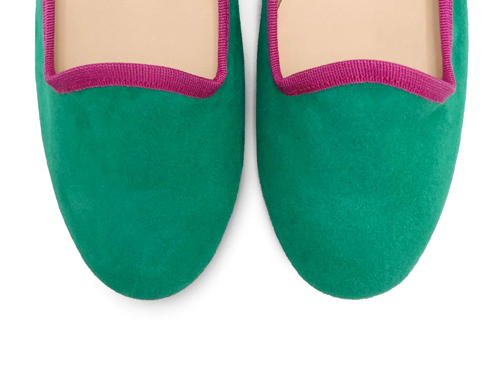Slippers donna in camoscio verdi smeraldo e dettagli fucsia - Image 5