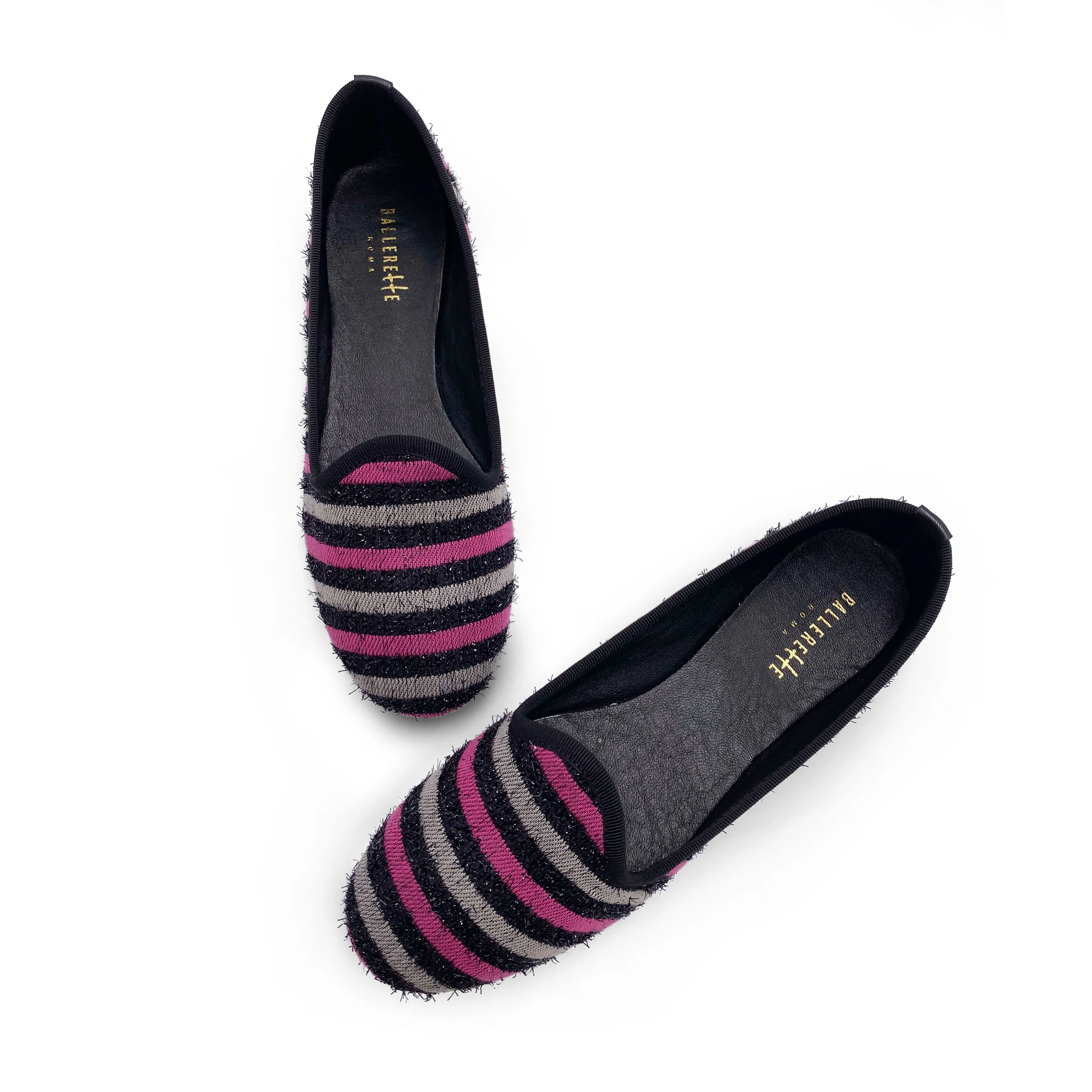 Slippers donna in tessuto a righe fucsia e grigie - Image 2
