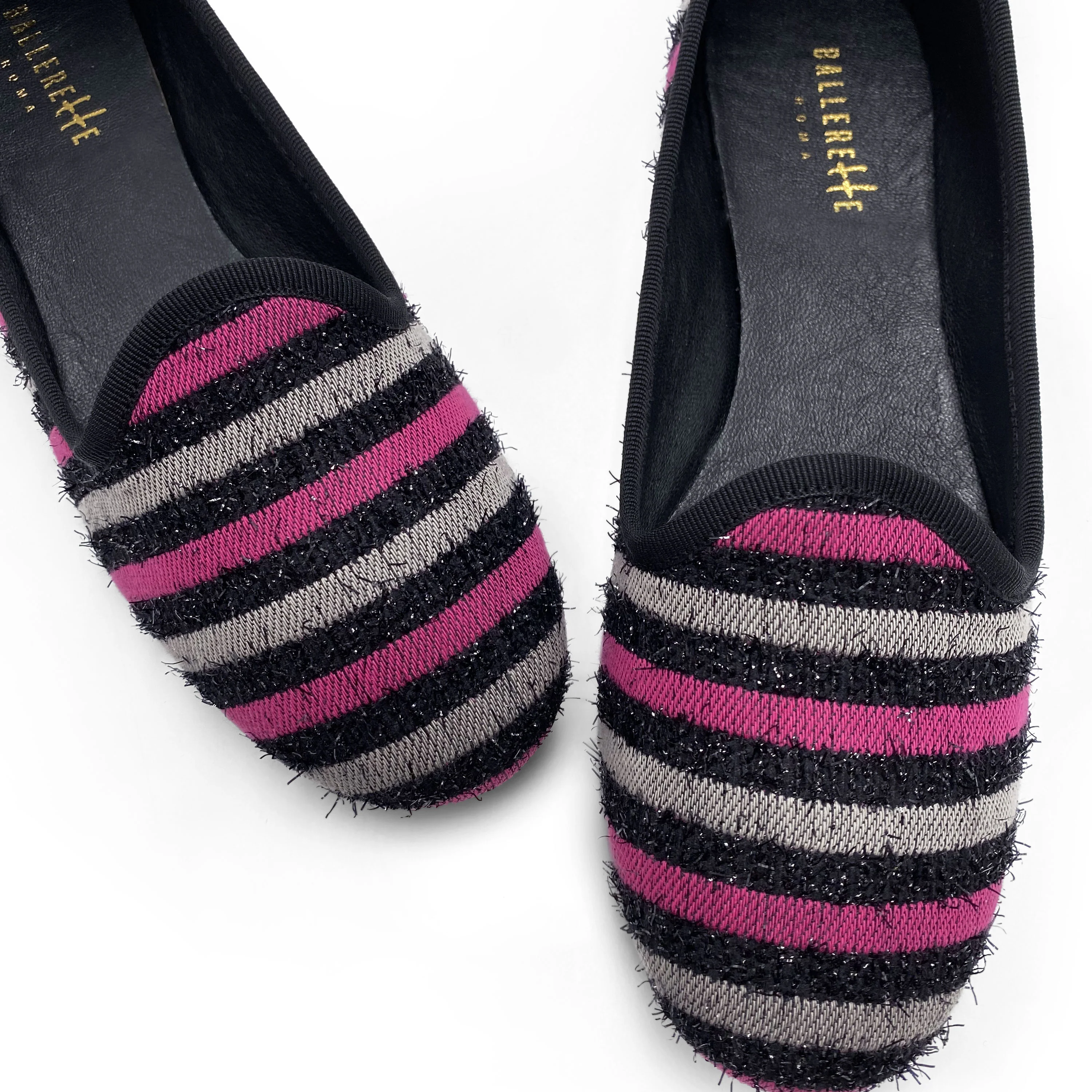 Slippers donna in tessuto a righe fucsia e grigie - Image 3