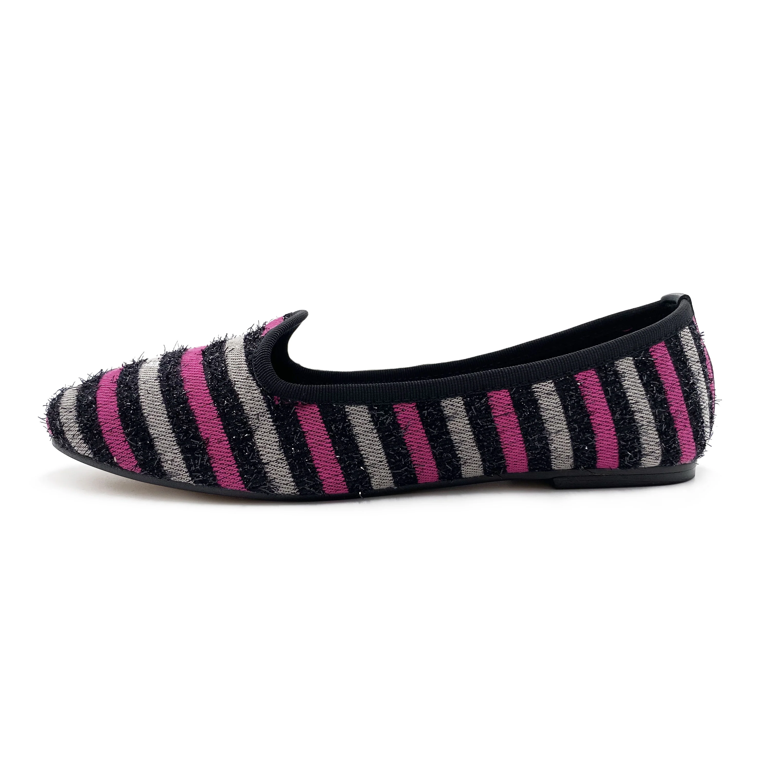 Slippers donna in tessuto a righe fucsia e grigie - Image 4