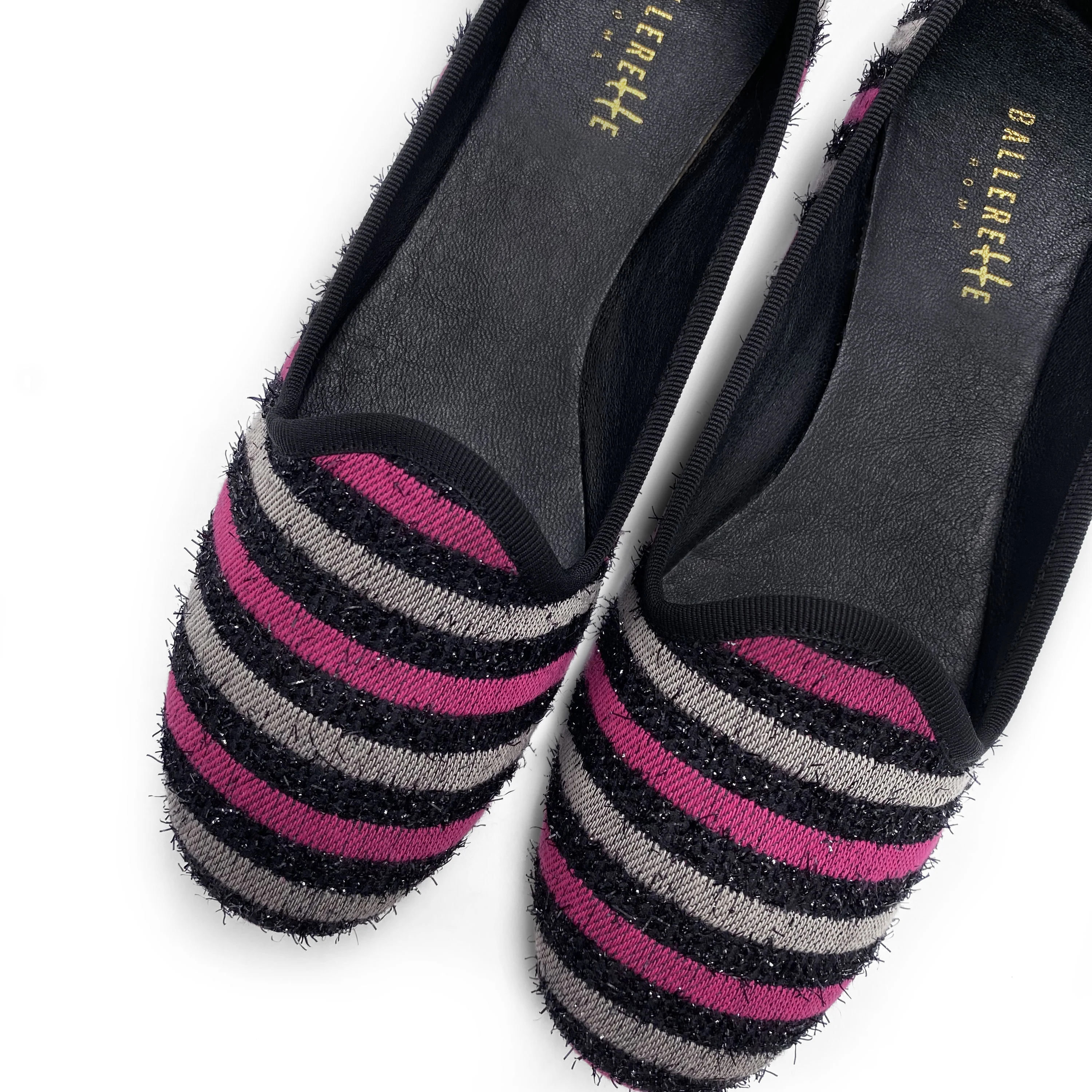 Slippers donna in tessuto a righe fucsia e grigie - Image 5