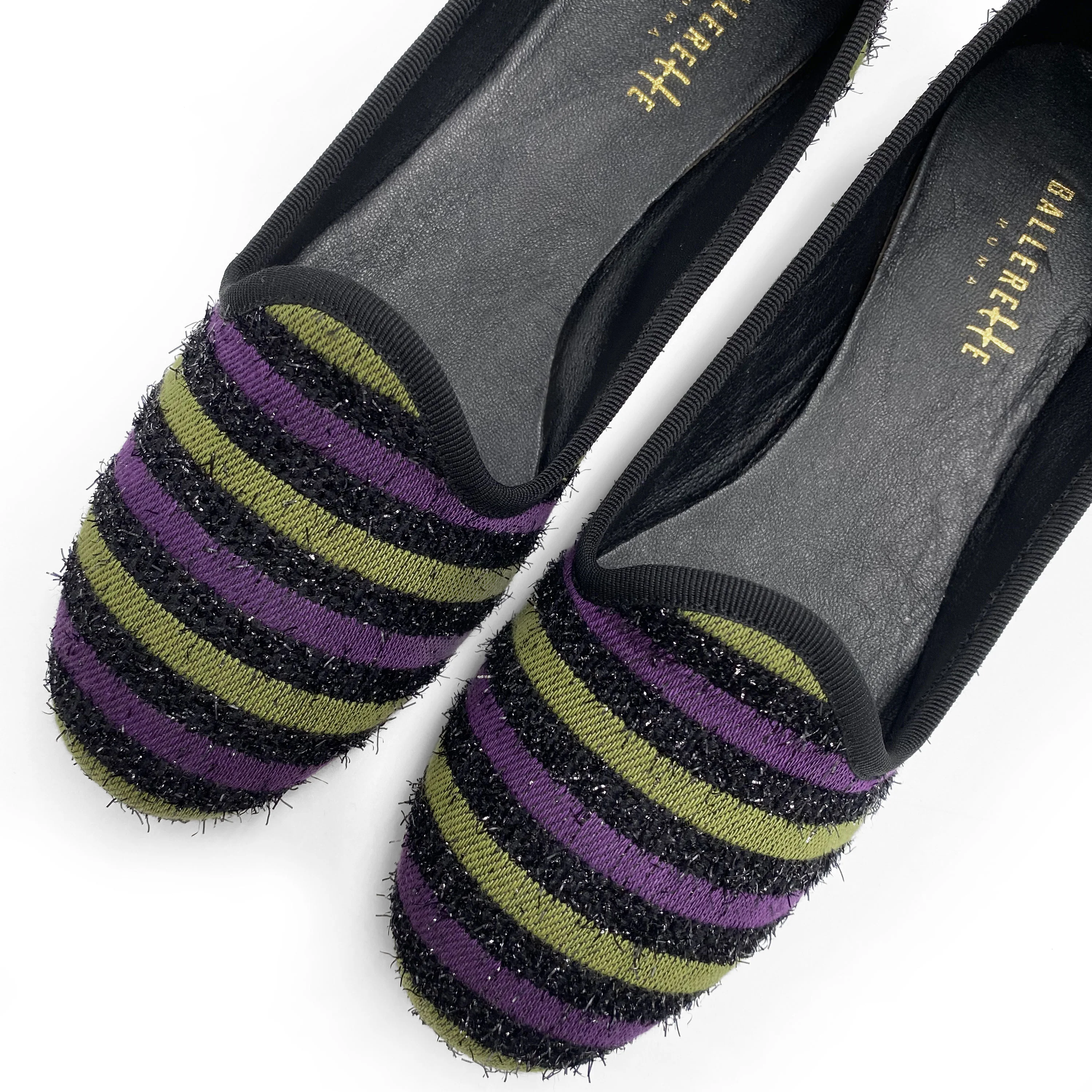 Slippers donna in tessuto a righe viola e verdi - Image 2