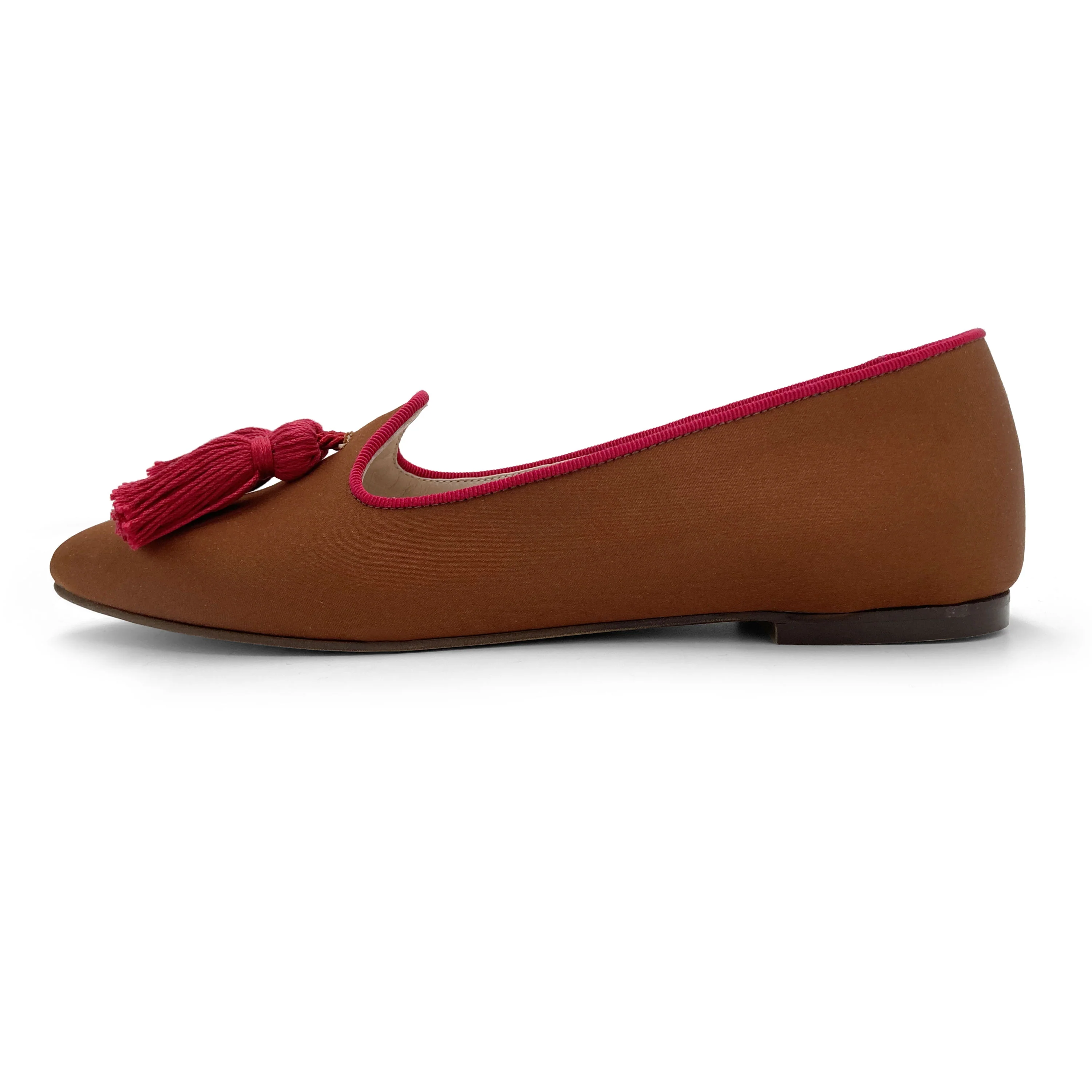 TT Go Green Collection - Mocassini donna marroni in raso eco e nappine fucsia - Image 4